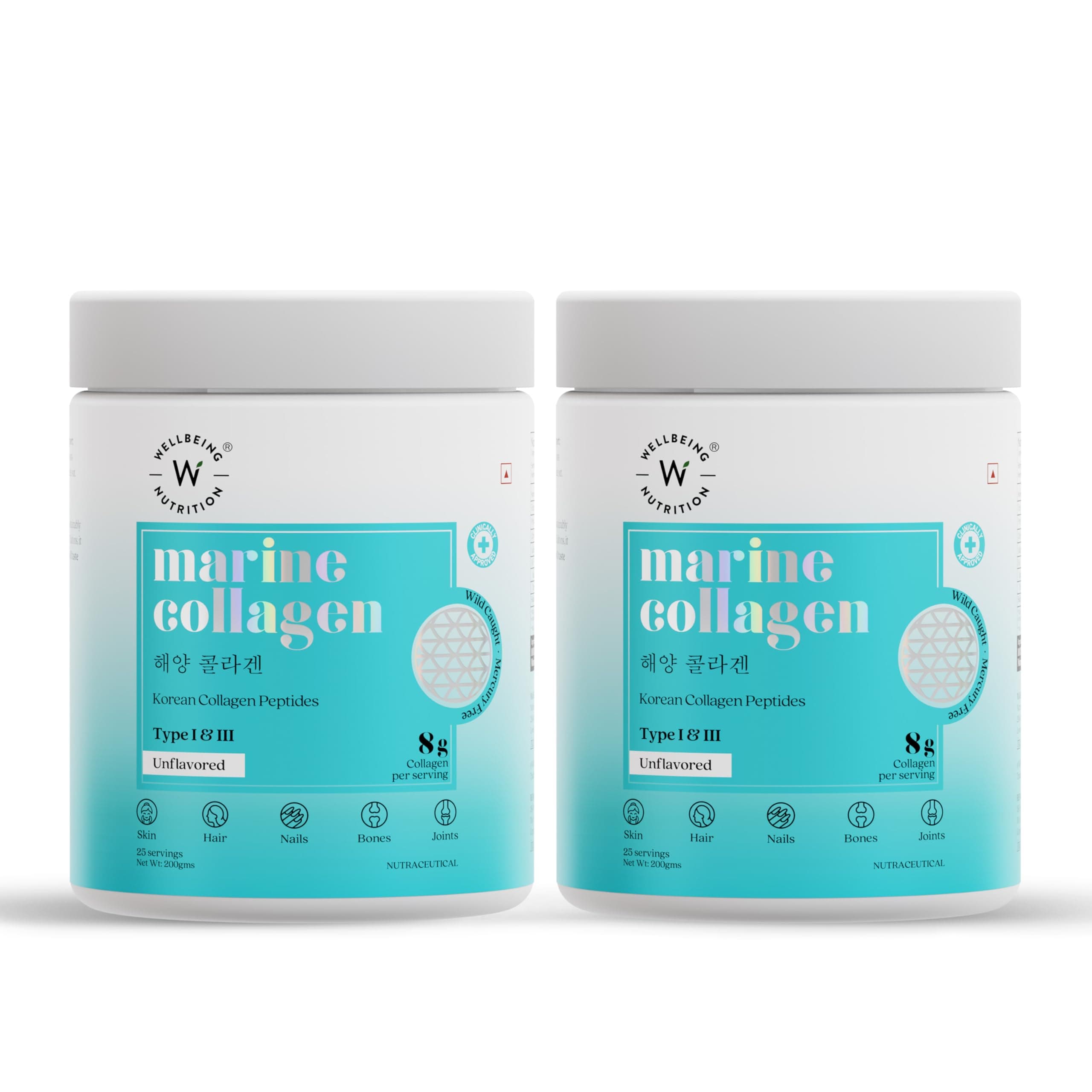Wellbeing Nutrition Pure Korean Marine Collagen, 200g | Hydrolyzed Collagen Powder and Amino Acids | Supports Healthy Skin, Hair, Nails, Bone & Joint | Unflavored- Pack of 2