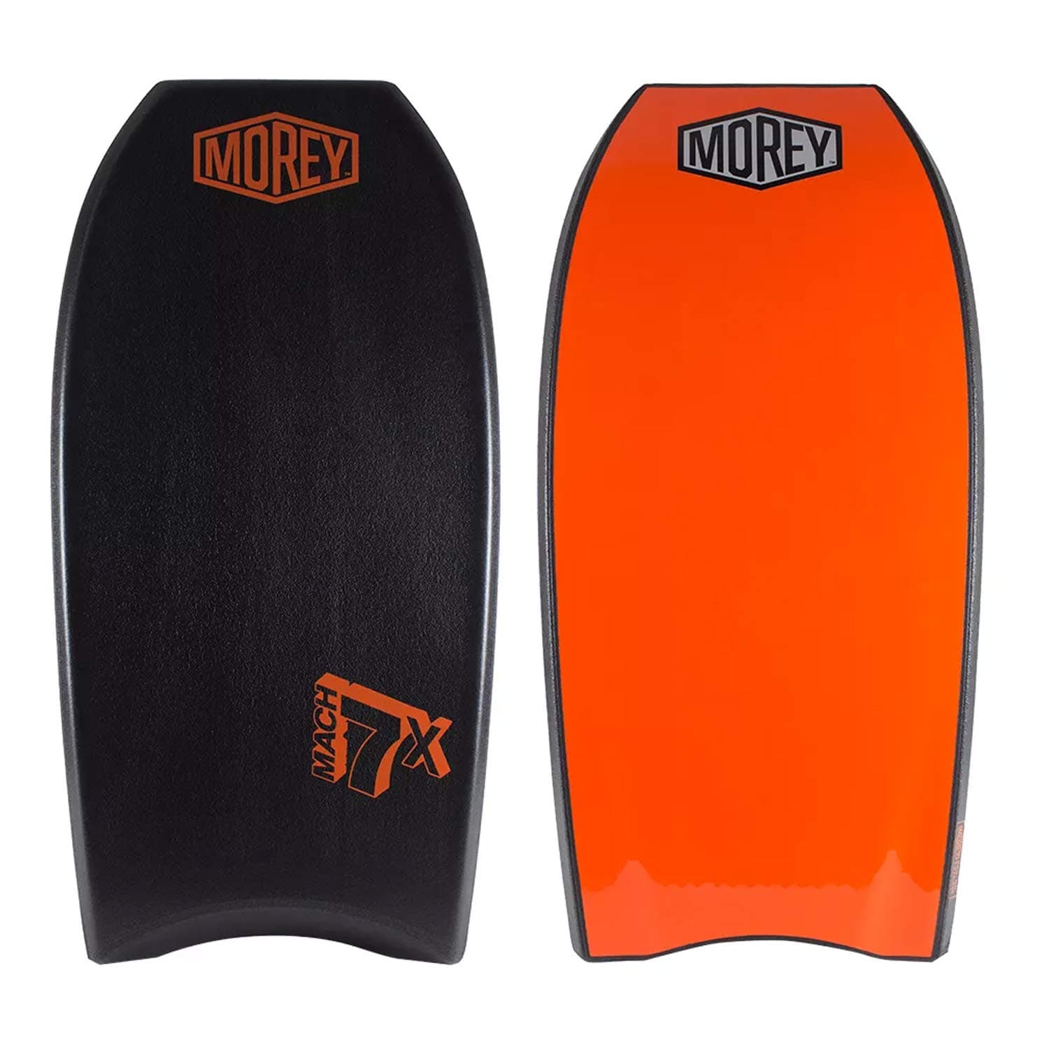 Morey Bodyboards Mach 7X Polyproplene (PP) 1 Stringer Crescent Tail Body Board 42.5" - Black Deck, Black Rails, Orange Bottom