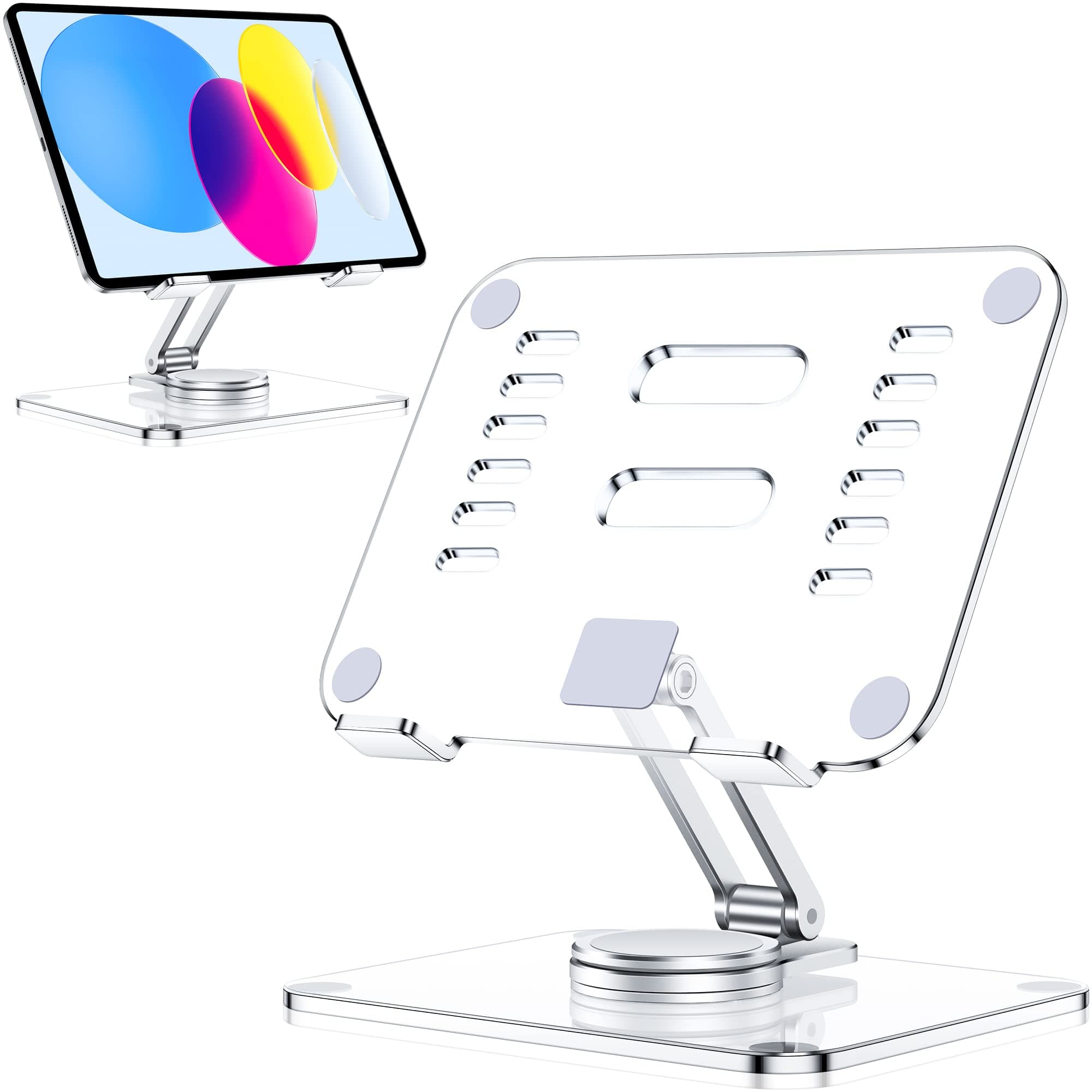 CreaDream Acrylic Tablet Stand Holder with 360 Rotating Base, Foldable Adjustable Transparent Tablet Holder for Desk Home Office, Compatible with iPad Pro Air Mini and More, Clear