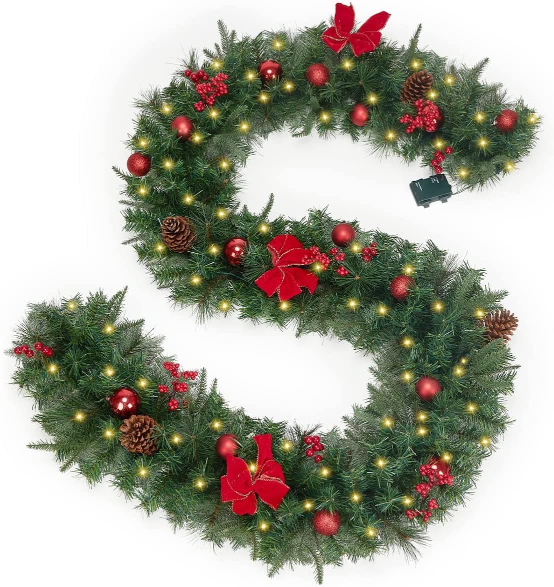 OasisCraft 9FT 12Inch Prelit Christmas Garland with Warm Led Lights, Battery Operated Christmas Garland with Bowknots for Outdoor and Indoor, Greenery Xmas Garland with Timer Lights for Mantle