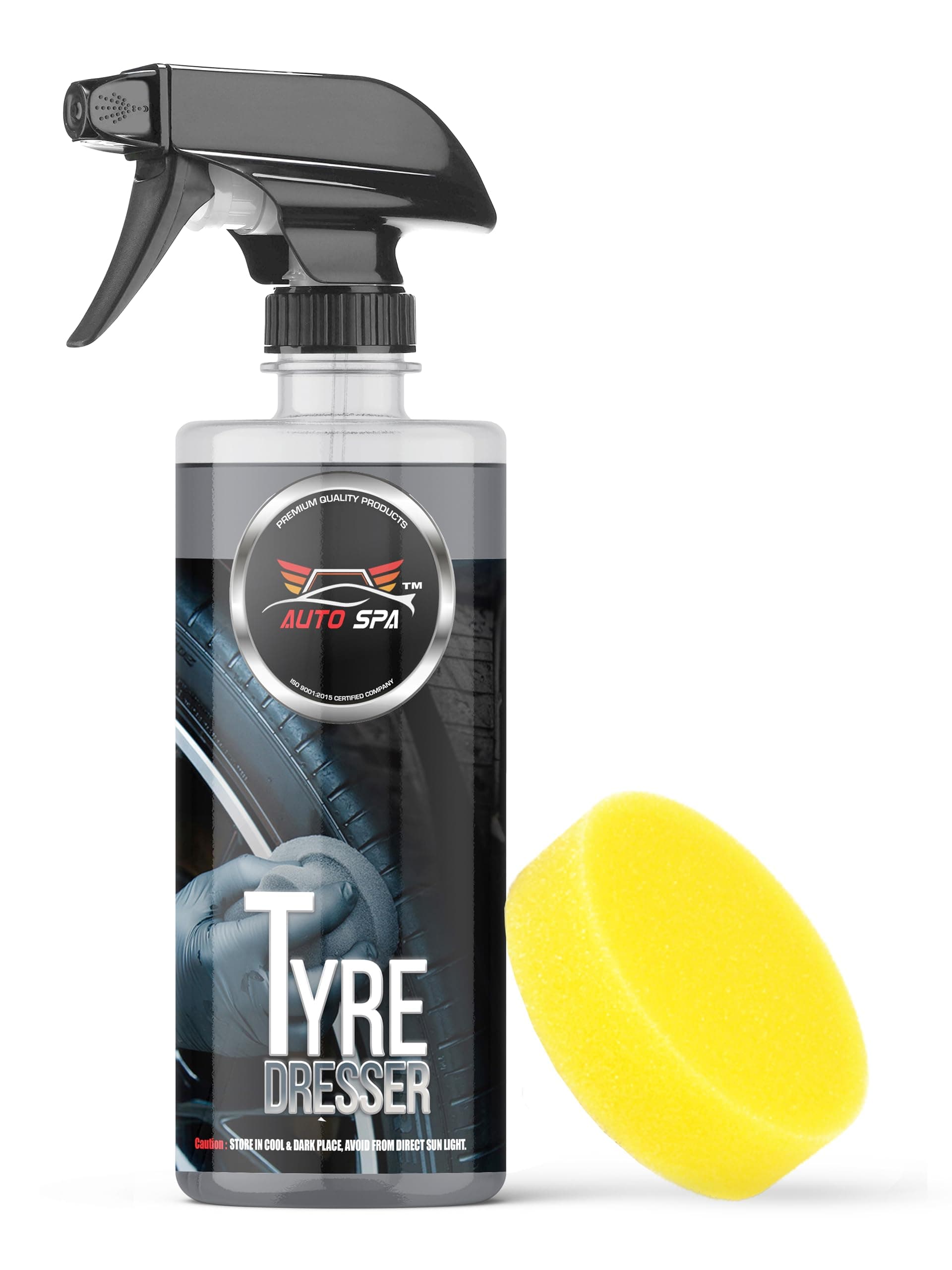 AUTO SPA Tyre Dresser Spray Polish 500mL | Easy to use | Zero dust Attraction | Renew Faded tyre | Non-Greasy | Gives Long Lasting Wet Black Shine, with Sponge Applicator Pad