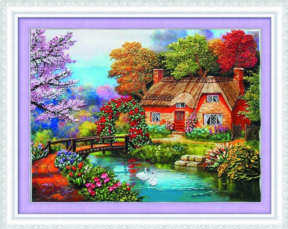 Meecaa Cross Stitch Kits 11 Count Stamped, Landscape Lake Swan Flower Tree Embroidery Kit with Accessories Pre Printed (40CMx50CM) (Landscape)