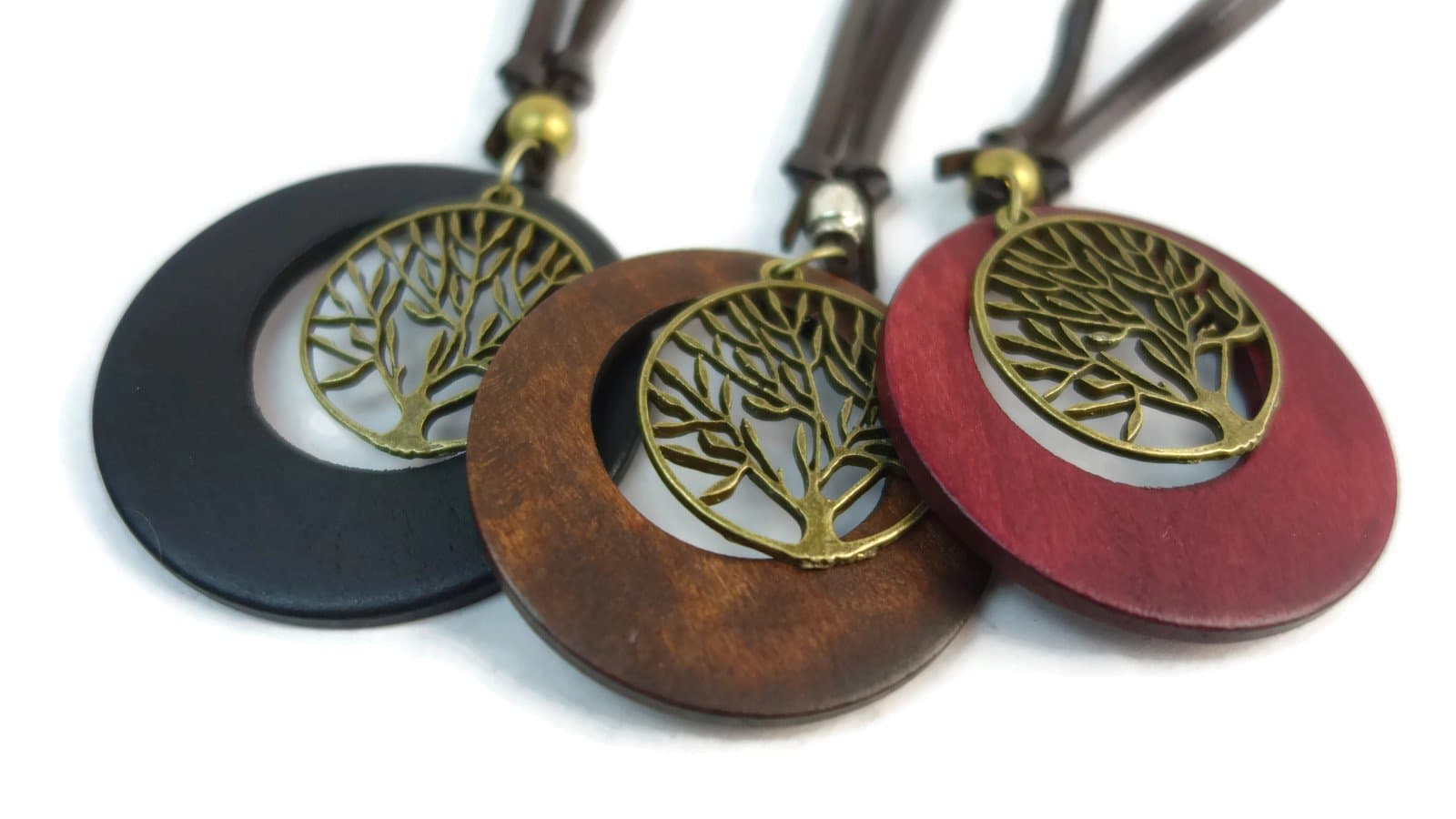 Skullz Jewelry Set of 3, Tree of Life Necklace, Wooden & Metal Bohemian Hippie Pendants with Adjustable Leather Cords