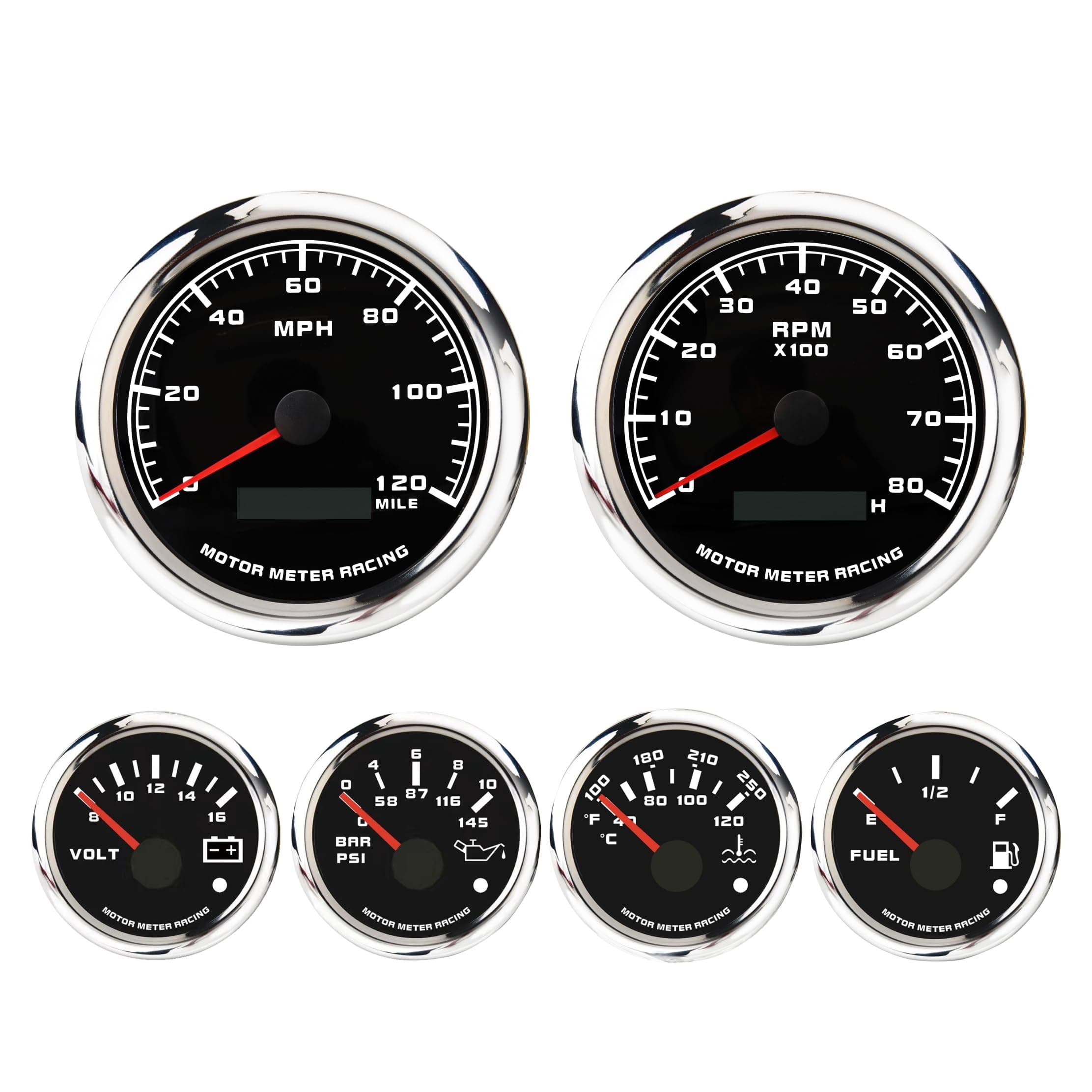 MOTOR METER RACING W PRO Series 6 Gauge Set - 85mm 3-3/8" GPS Speedometer & Tachometer 52mm 2-1/16" Volt, Fuel Level, Water Temperature & Oil Pressure Black Dial White LED - for Car, Boat & Truck