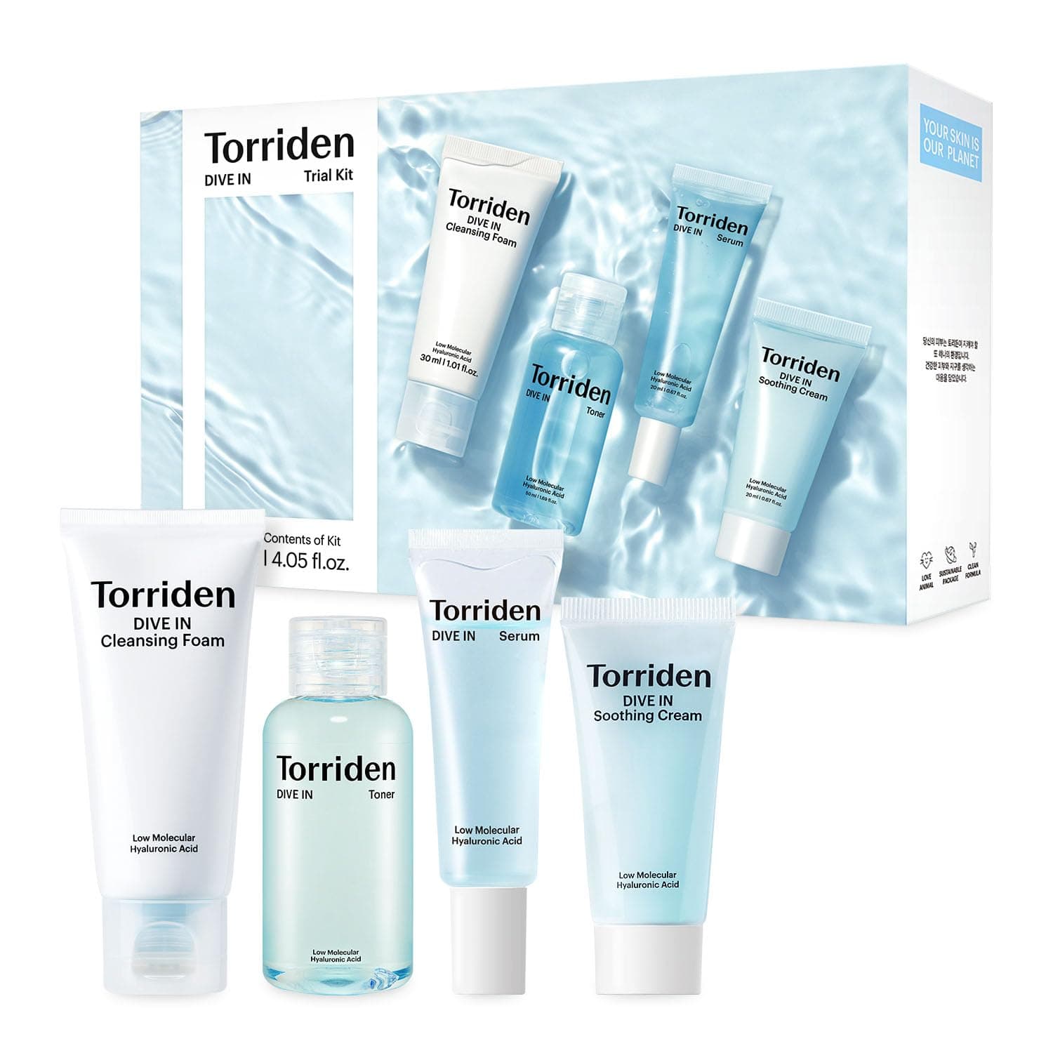 Torriden DIVE IN Trial Kit | Hyaluronic Acid Infused Daily Skincare Kit - 4 Step Regimen with Foam Cleanser, Facial Toner, Serum, and Cream | Travel Essential | Korean Skin Care Set