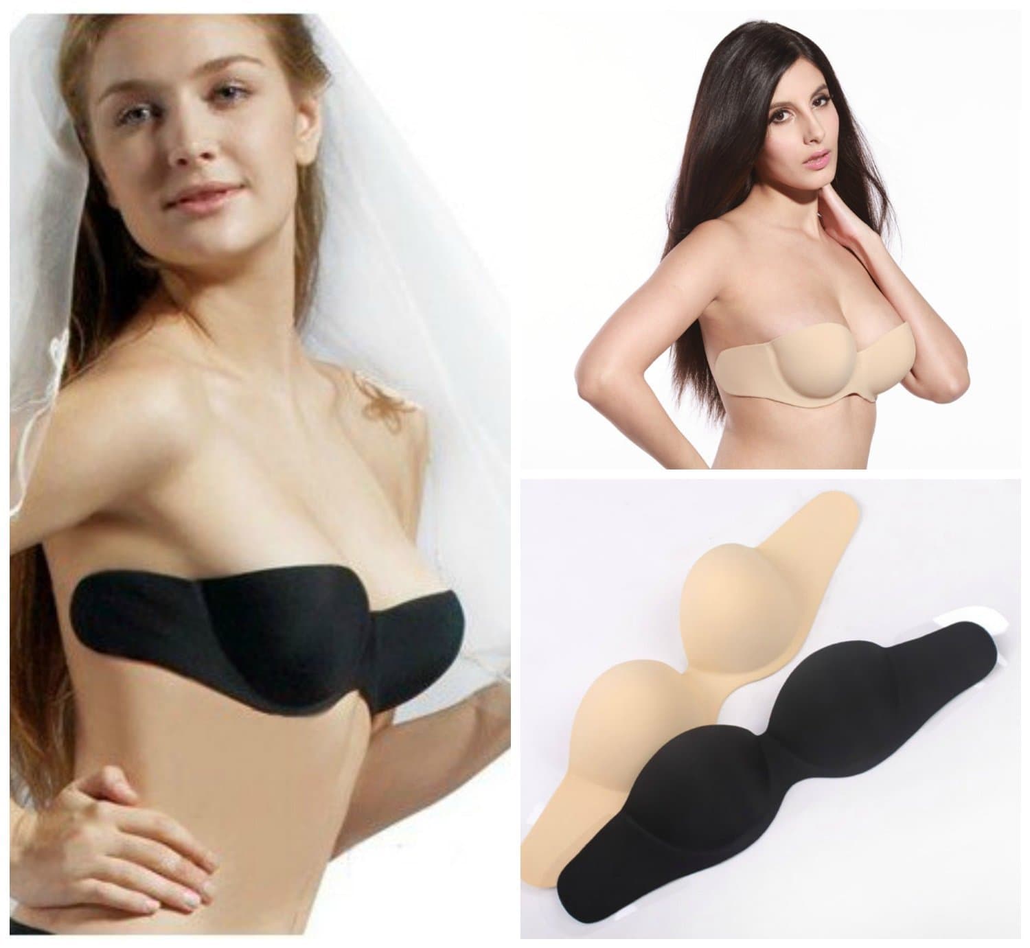 Se7en Fashion Women's Push up Go Bare Combo Adhesive Strapless Wing Bra Backless (D Cup, Black)