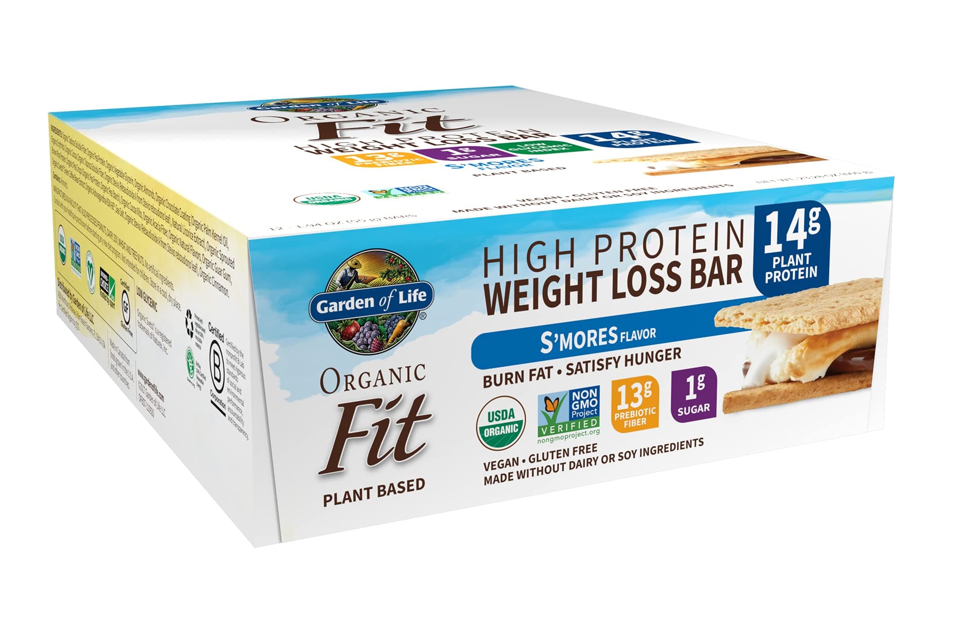 High Protein Bars for Weight Loss - Garden of Life Organic Fit Bar - S'mores (12 per carton) - Burn Fat, Satisfy Hunger and Fight Cravings, Low Sugar Plant Protein Bar with Fiber