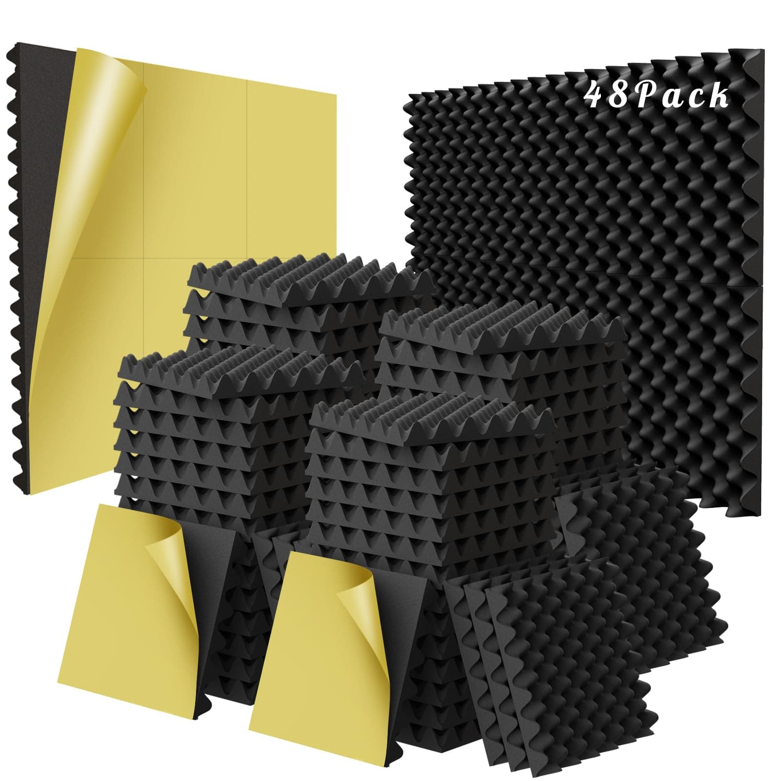 48 Pack 1.5"X12"X12" Self Adhesive Sound Proof Egg Crate Foam Pad(Most Soundproofing Design), Upgraded Sound Proof Foam Panels for Walls, Doors, Fire-Retardent Foam Padding, Soundproof Foam, WVOVW