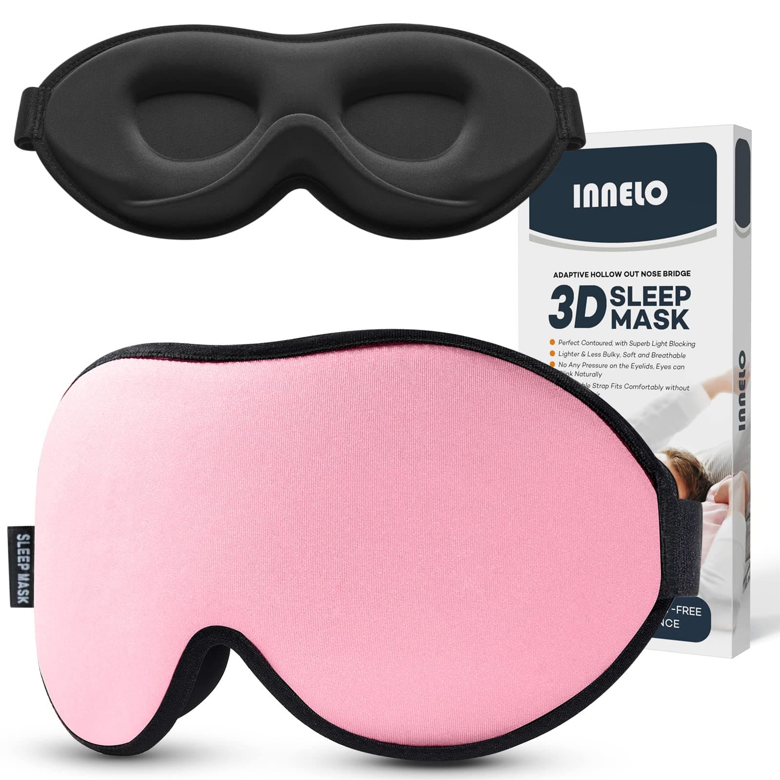 Pink Sleep Mask, INNELO Eye Mask for Sleeping Women Men, 3D Contoured Cup Sleeping Mask Light Blocking No Eye Pressure Soft Eye Shade Covers for Sleeping Blindfold for Travel Nap Yoga Night Shift Pink