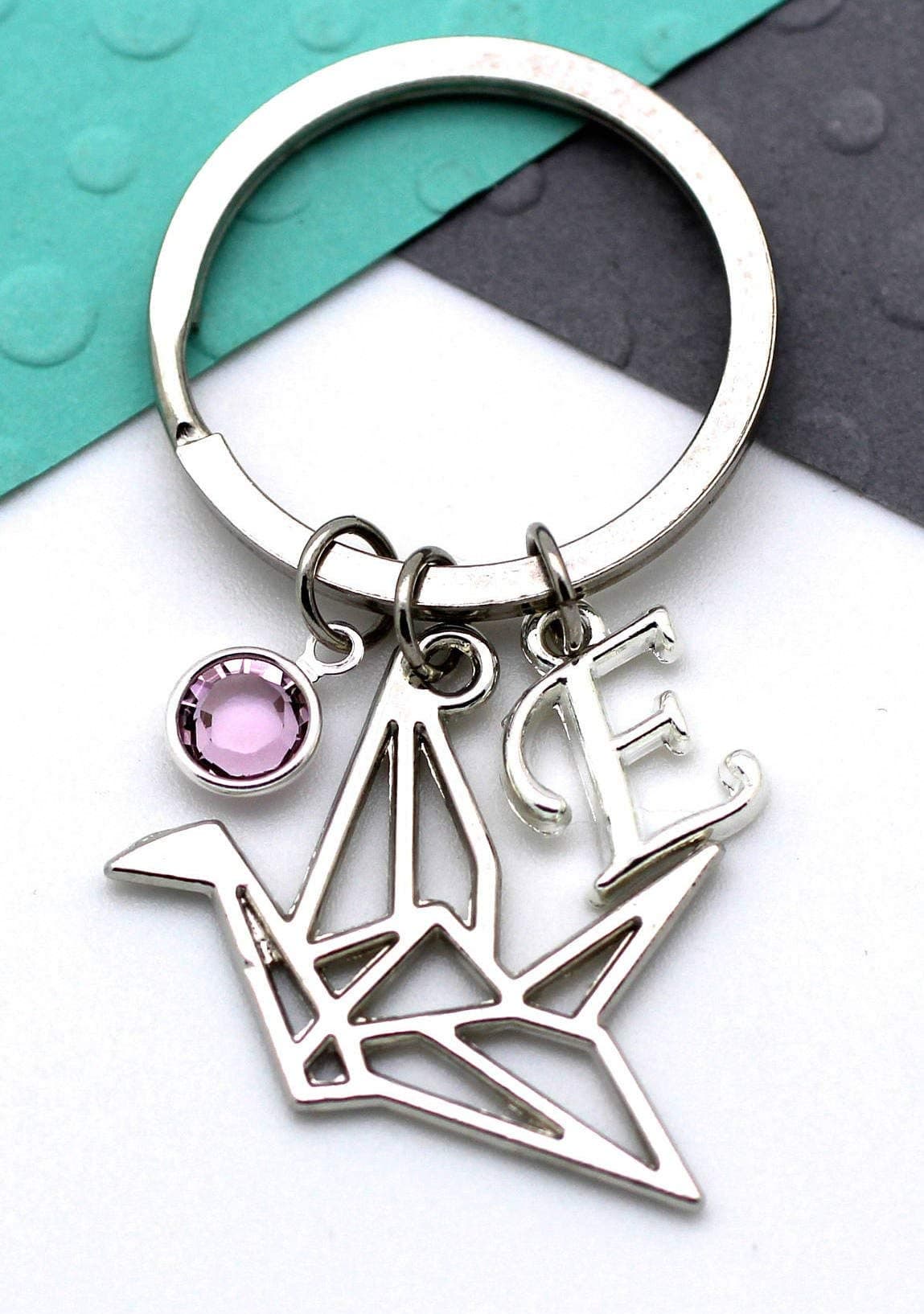 Origami Crane Bird Personalised Keychain, Prison Break Keyring, Personalized Birthstone & Initial, Letter, Alphabet Gift