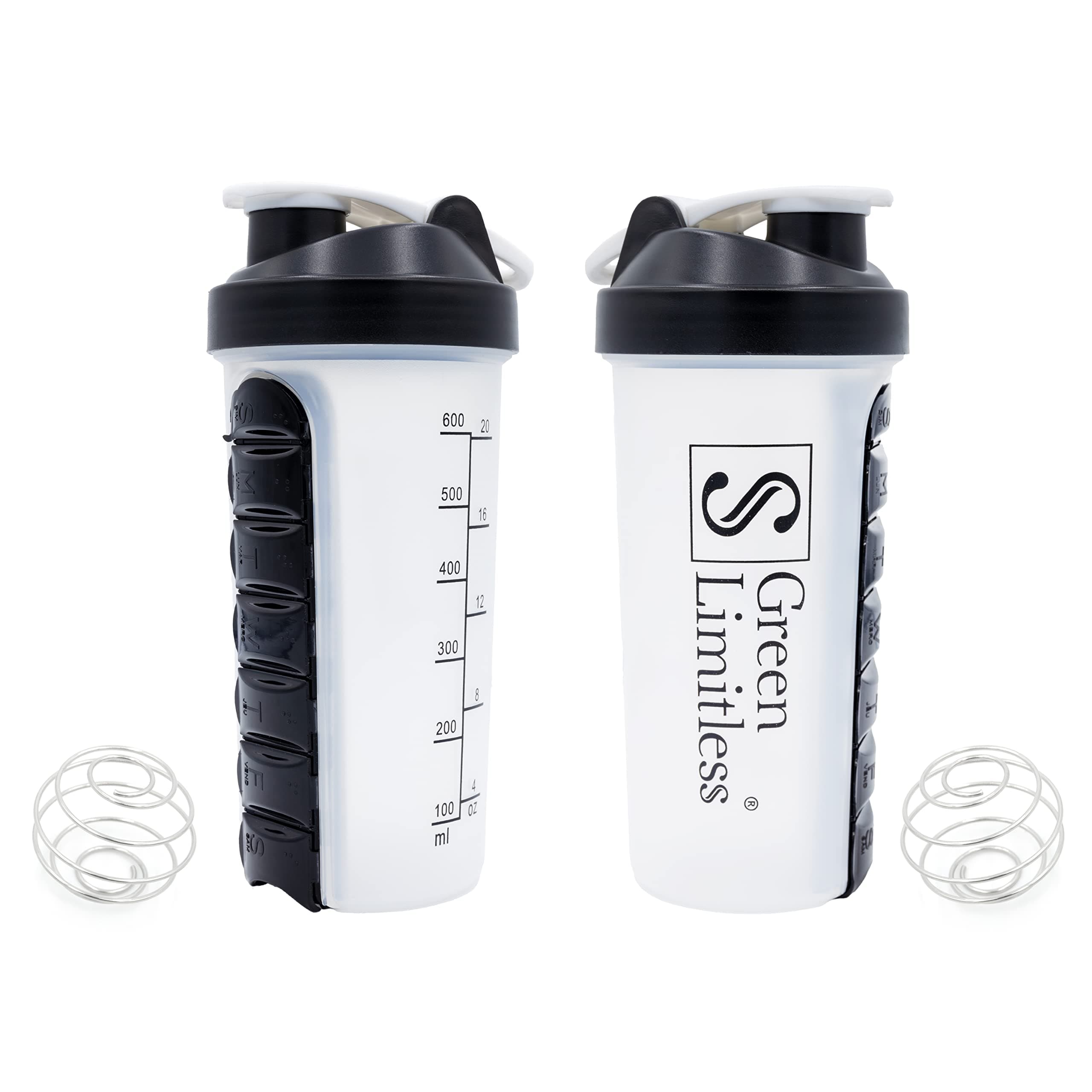 2 Pack. 2 In 1 Durable 20oz Leak Proof Protein Shaker Bottle with Mixer Ball and Pill Storage Compartment