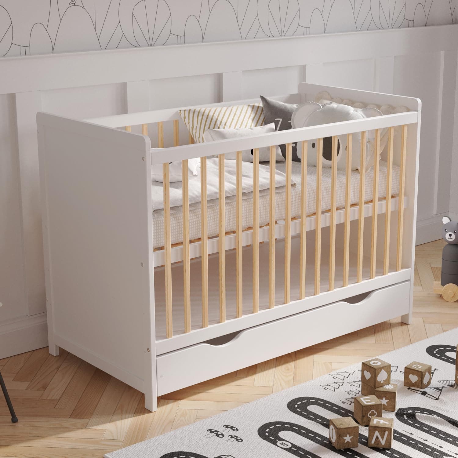 Love For Sleep TOKYO Baby Cot Bed 120x60cm FREE Deluxe Microfiber Mattress & Safety Wooden Barrier (White/Pine)