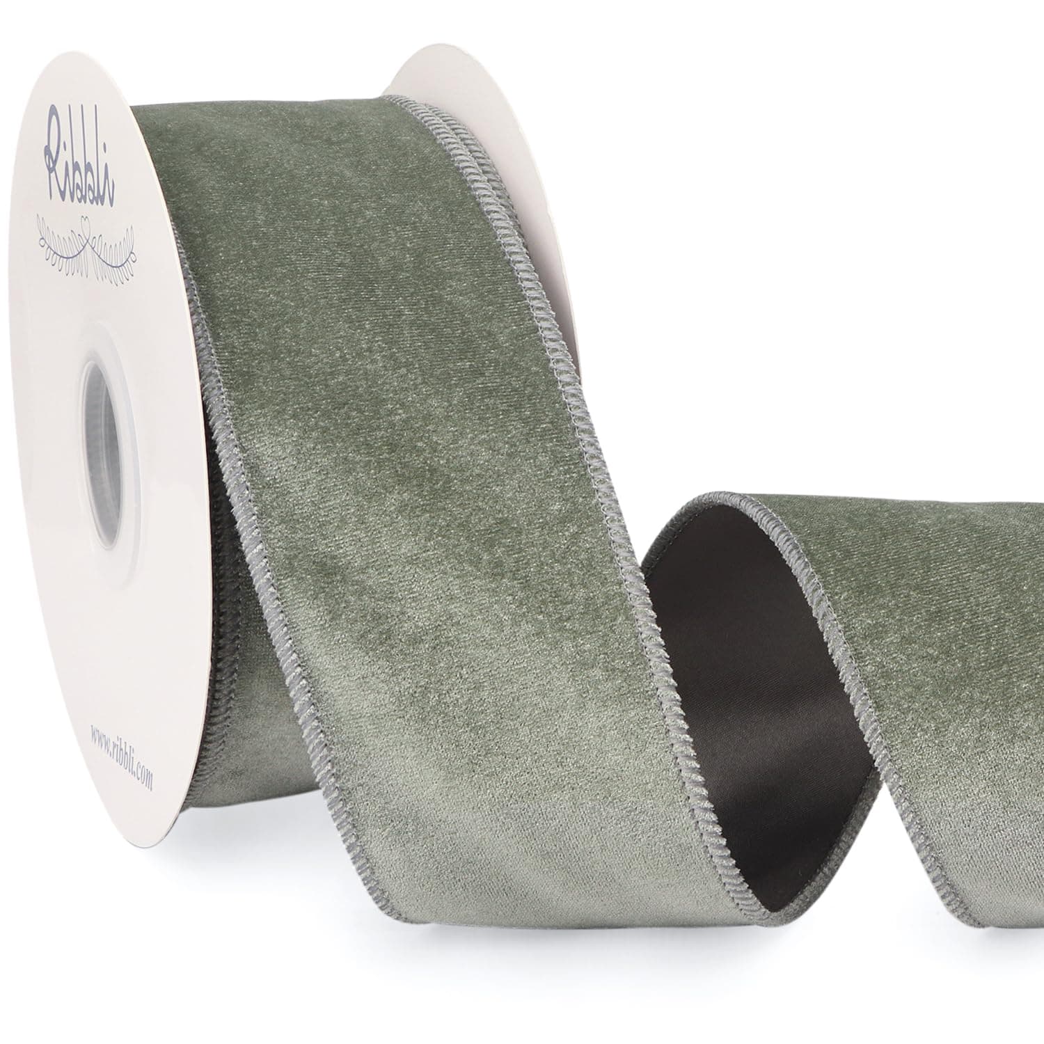 Ribbli Dusty Green Velvet Wired Ribbon 2.5 Inch Sage Velvet with Satin Christmas Ribbon for Gift Wrapping Christmas Tree Decoration Crafts Wreaths Supplies-Continuous 10 Yards