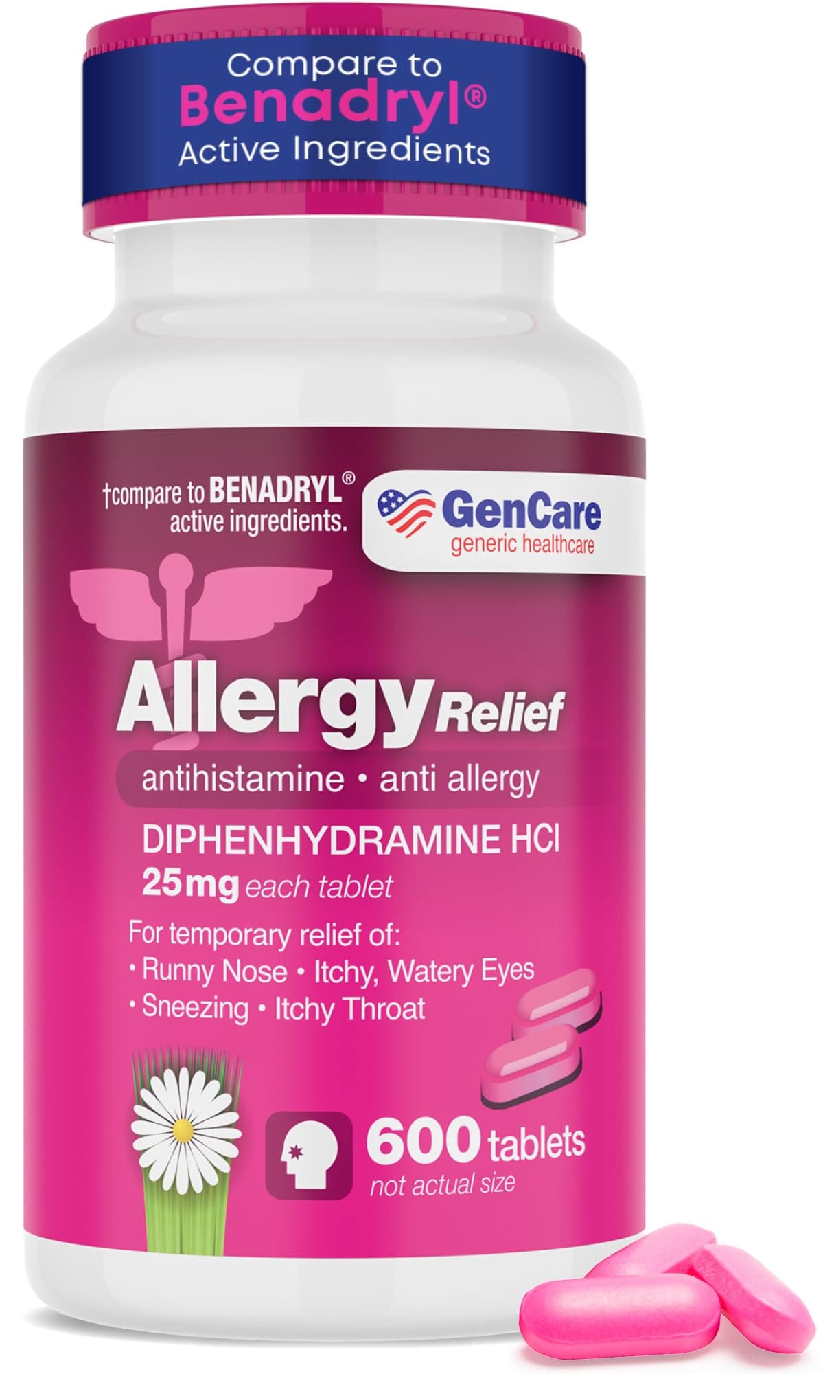 Allergy Relief Medicine – Bulk Value 600 Count Diphenhydramine 25mg – Antihistamines for Adults for Congestion, Sneezing, Runny Nose, Itchy Eyes & Throat – Pink Generic Benadryl Tablets 25 mg