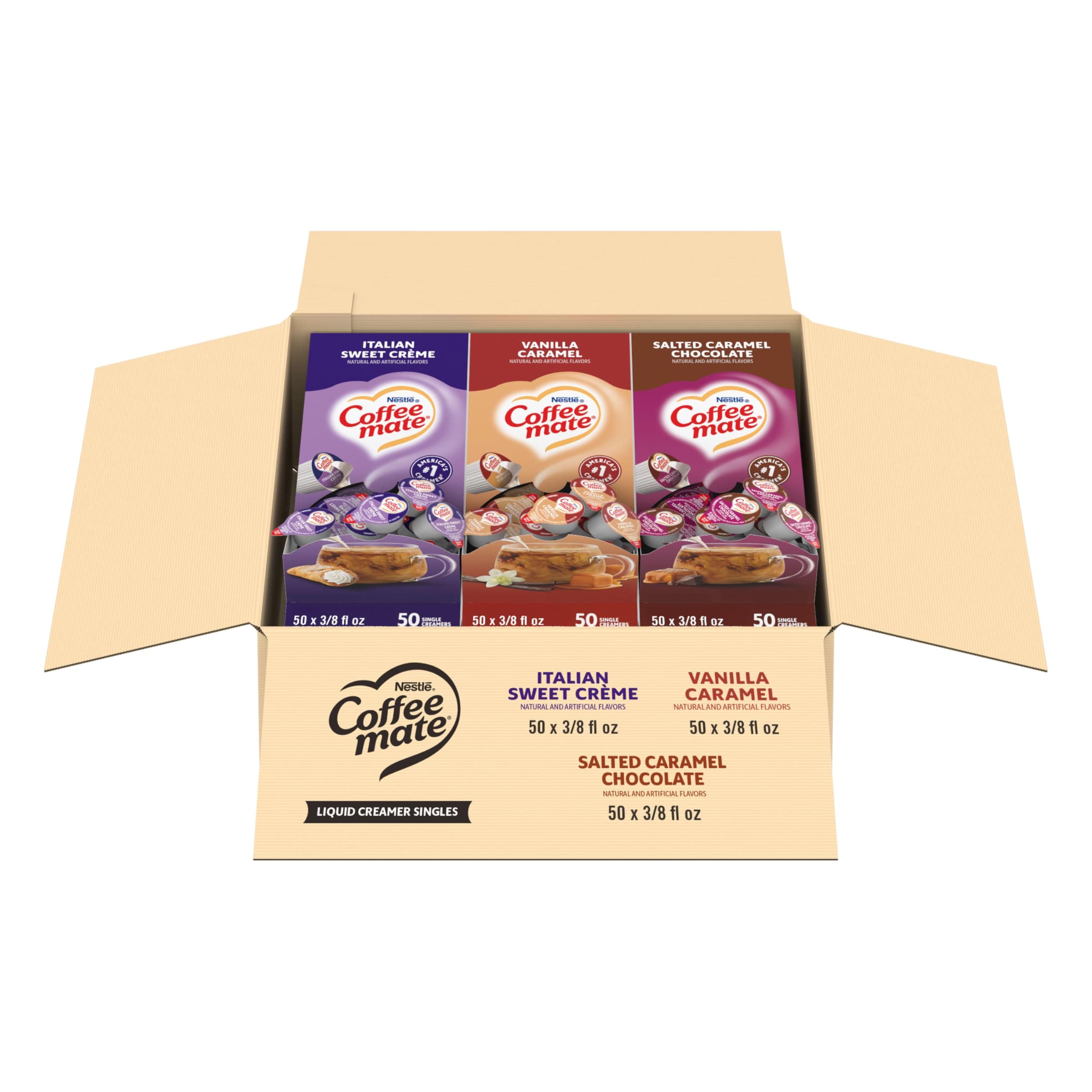 Creamer Singles Variety Pack, Italian Sweet Creme, Salted Caramel Chocolate, Vanilla Caramel Non Dairy, No Refrigeration, 0.375 fl oz Tubs, 150 Count (Pack of 50 Per Flavor)