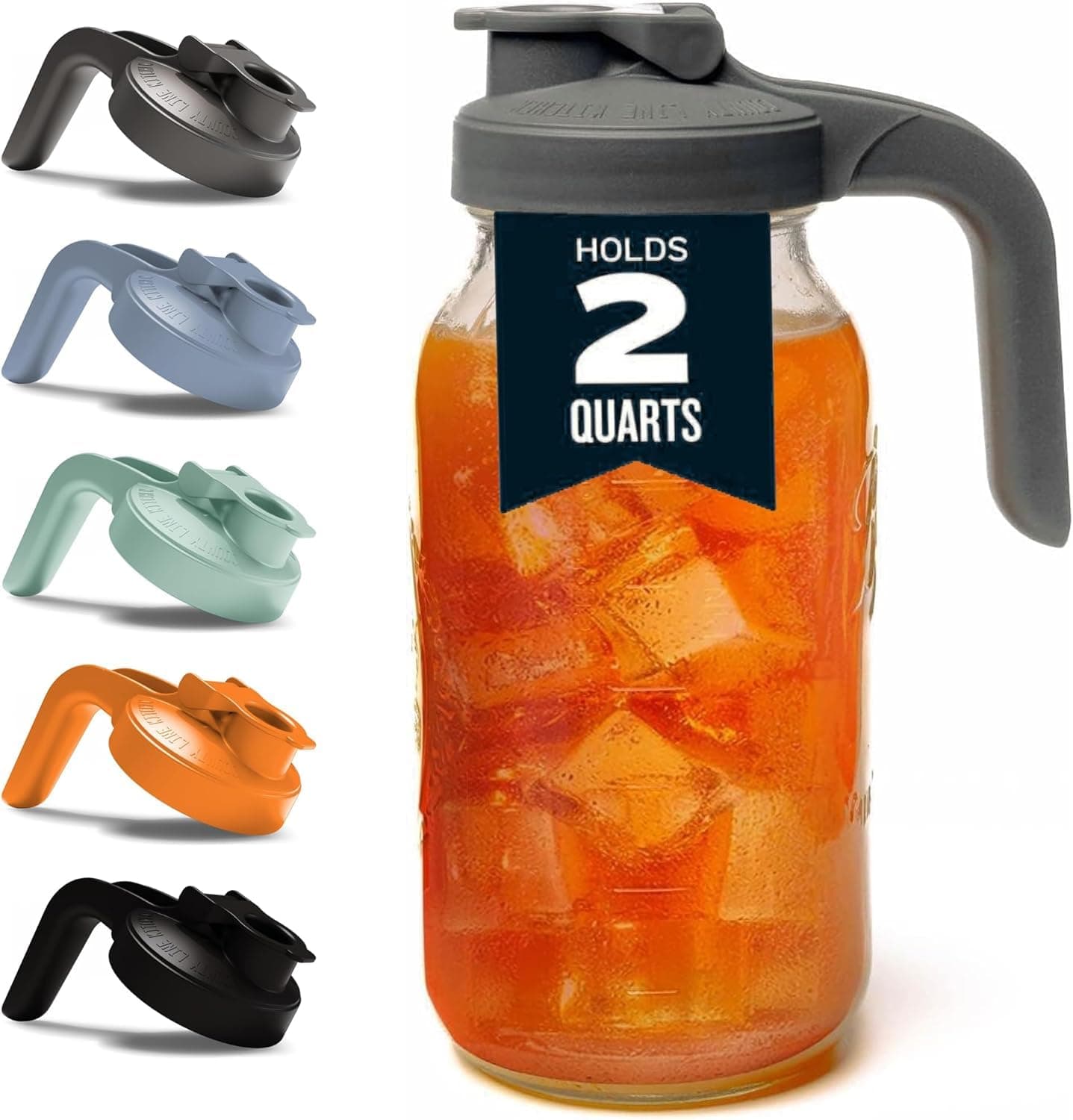 County Line Kitchen Glass Mason Jar Pitcher with Lid - Wide Mouth, 2 Quarts (64 oz) - Heavy Duty, Leak Proof - Sun & Iced Tea Pitcher, Cold Brew Coffee, Breast Milk Storage, Water - 2 Liters, Gray