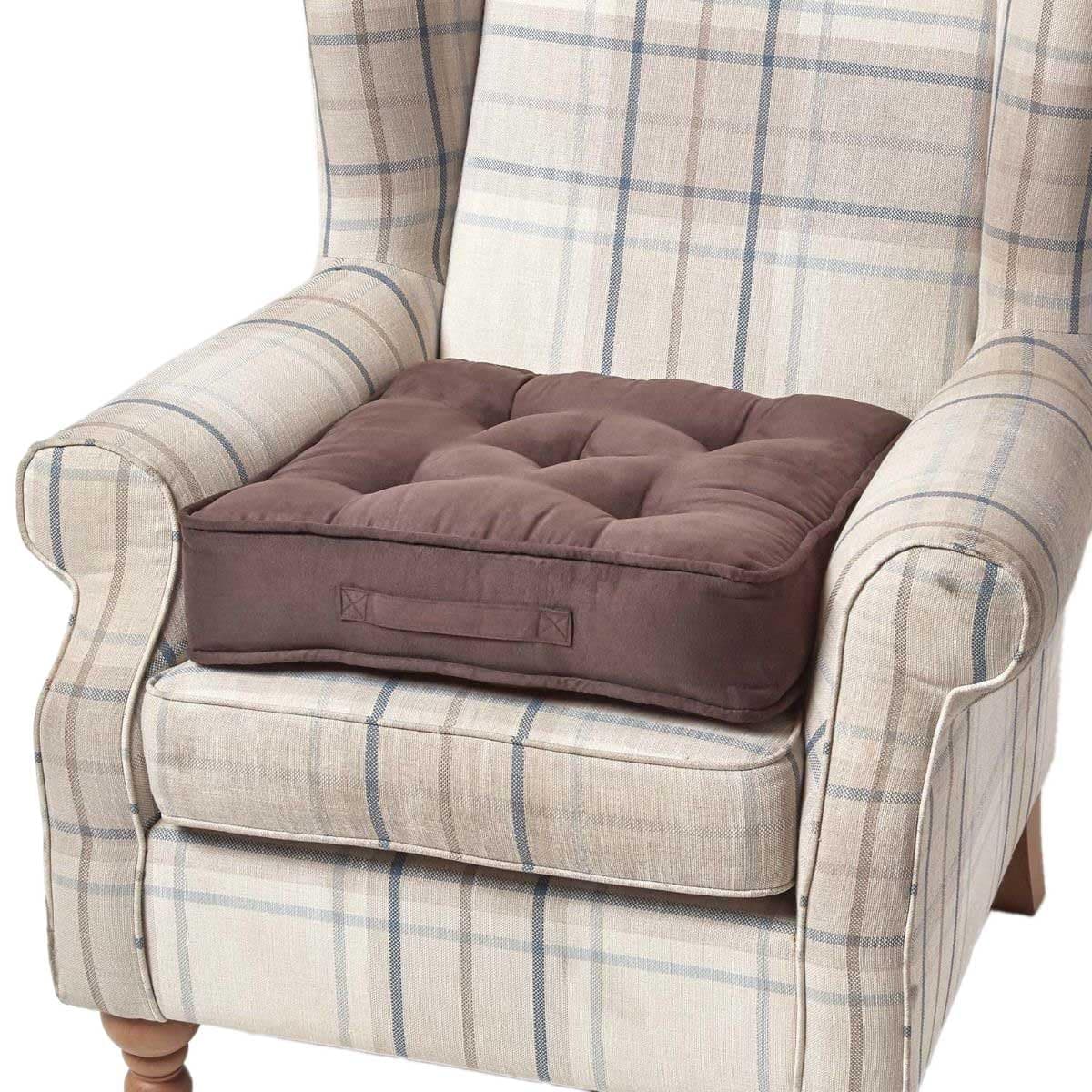 HOMESCAPES Brown Armchair Booster Cushion Large Firm 50cm Square Seat Pad with Supportive 10cm Thick Lift Soft Touch Chocolate Faux Suede Cushion For The Elderly, Post-Operative and Pregnancy