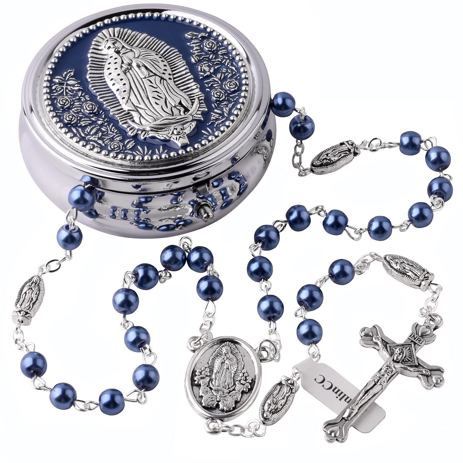 6mm Glass Pearl Beads Catholic Our Lady of Guadalupe Rosary Necklace for Women and Men with Virgin Mary Center Piece and Crucifix with Metal Gift Box
