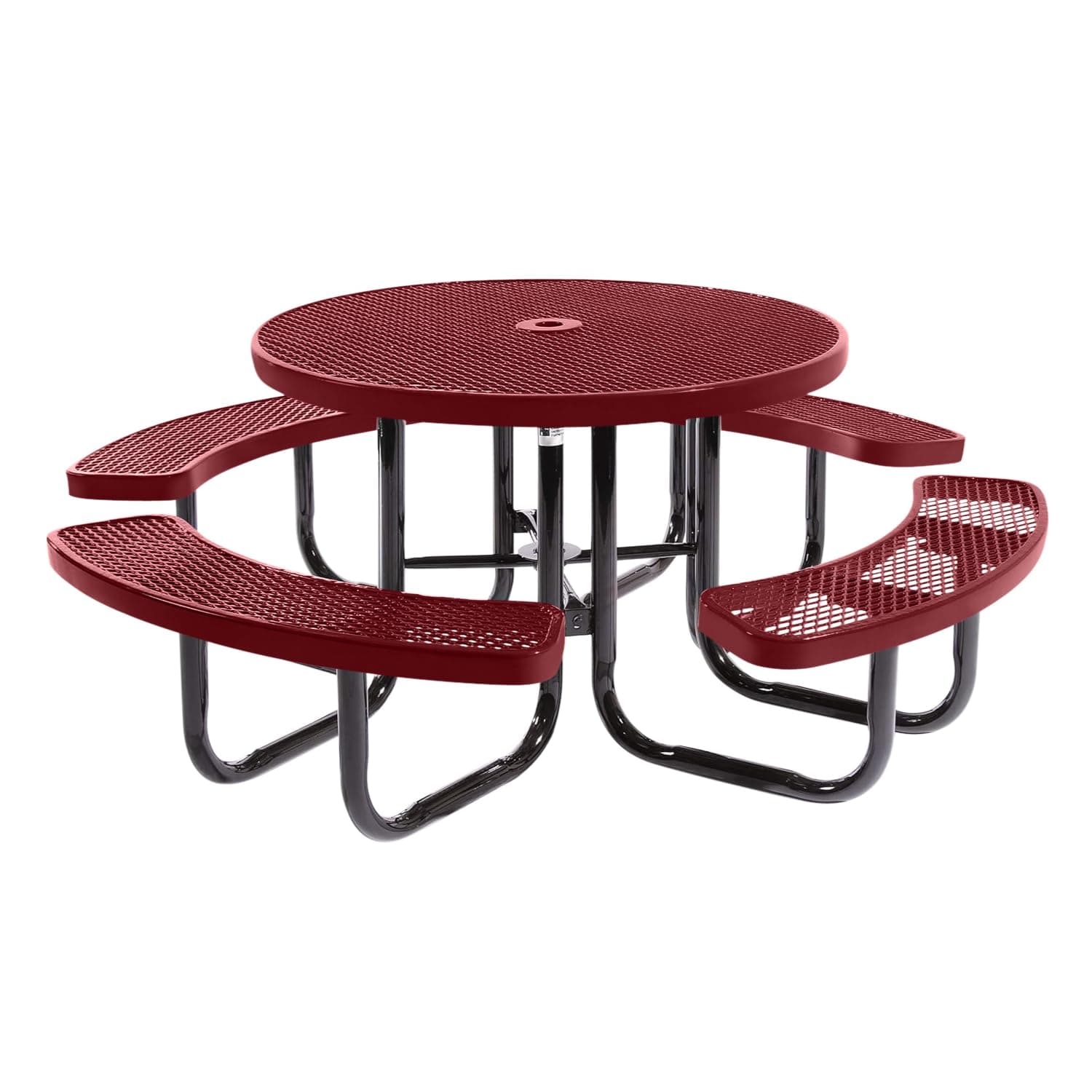 COATEDOUTDOORFURNITURE Heavy-Duty Portable Outdoor Picnic Table with Umbrella Hole, Expanded Metal Commercial-Grade Patio Dining Furniture Made in America (46" Round Top, Burgundy)