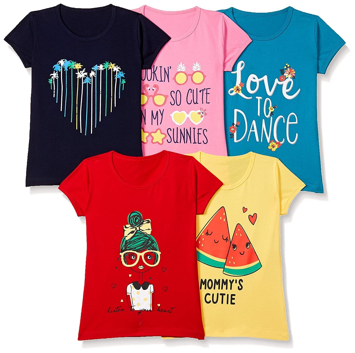 Girls Cotton Printed Regular Fit T-Shirt (Pack of 5)