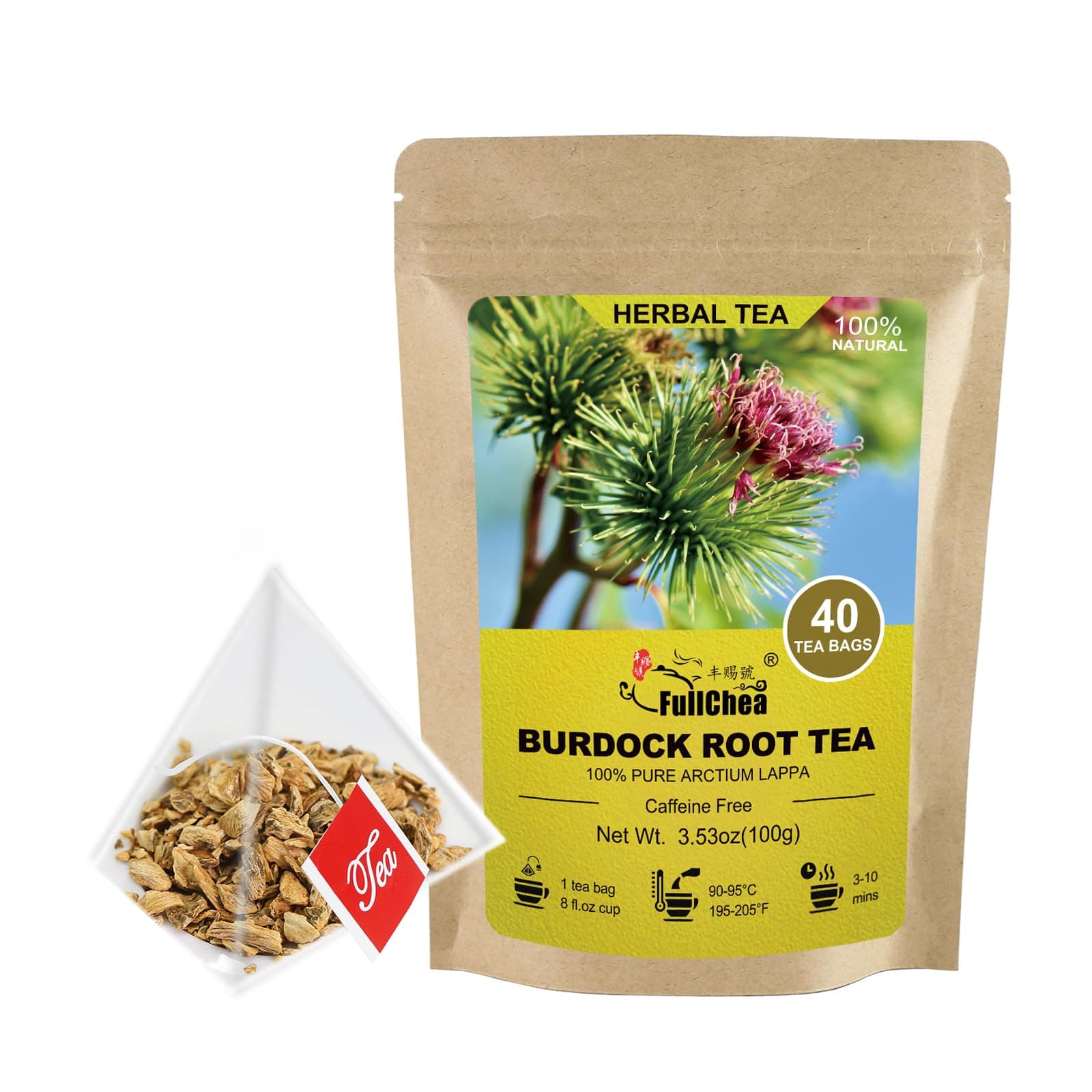 Burdock Root Tea Bags, 40 Teabags, 2.5g/bag - Premium Burdock Root - Non-GMO - Naturally Caffeine-free Herbal Tea - Aid in Digestion & Improving Liver Health
