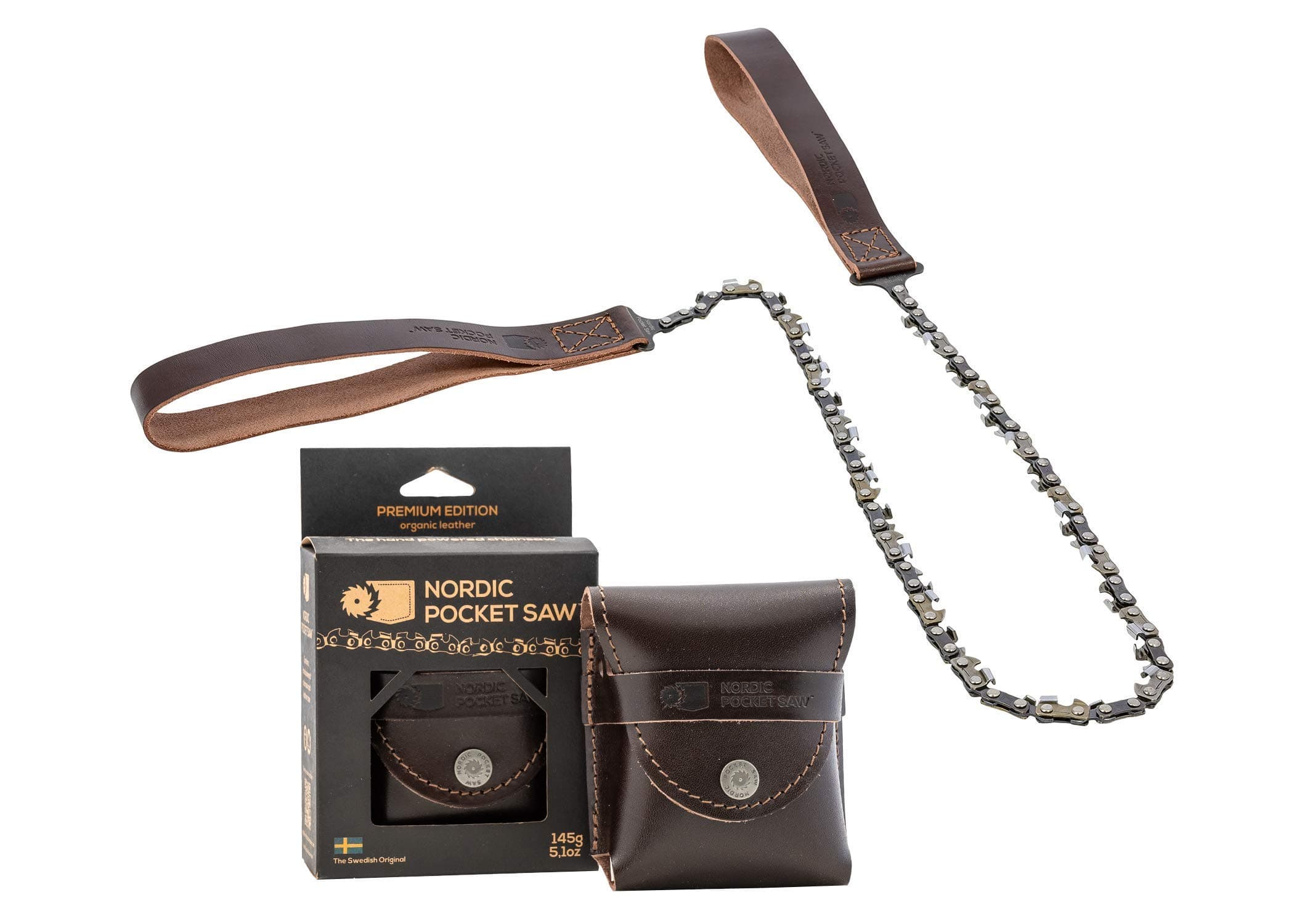 Nordic Pocket SawPocket Chainsaw - Leather Hand Chainsaw 25,6 Inch - PREMIUM Vers. Organic Leather Handles & Holster - Made in Sweden - Bushcraft Saw Survival Saw Camping Saw Hand Chain Saw Camp Saw