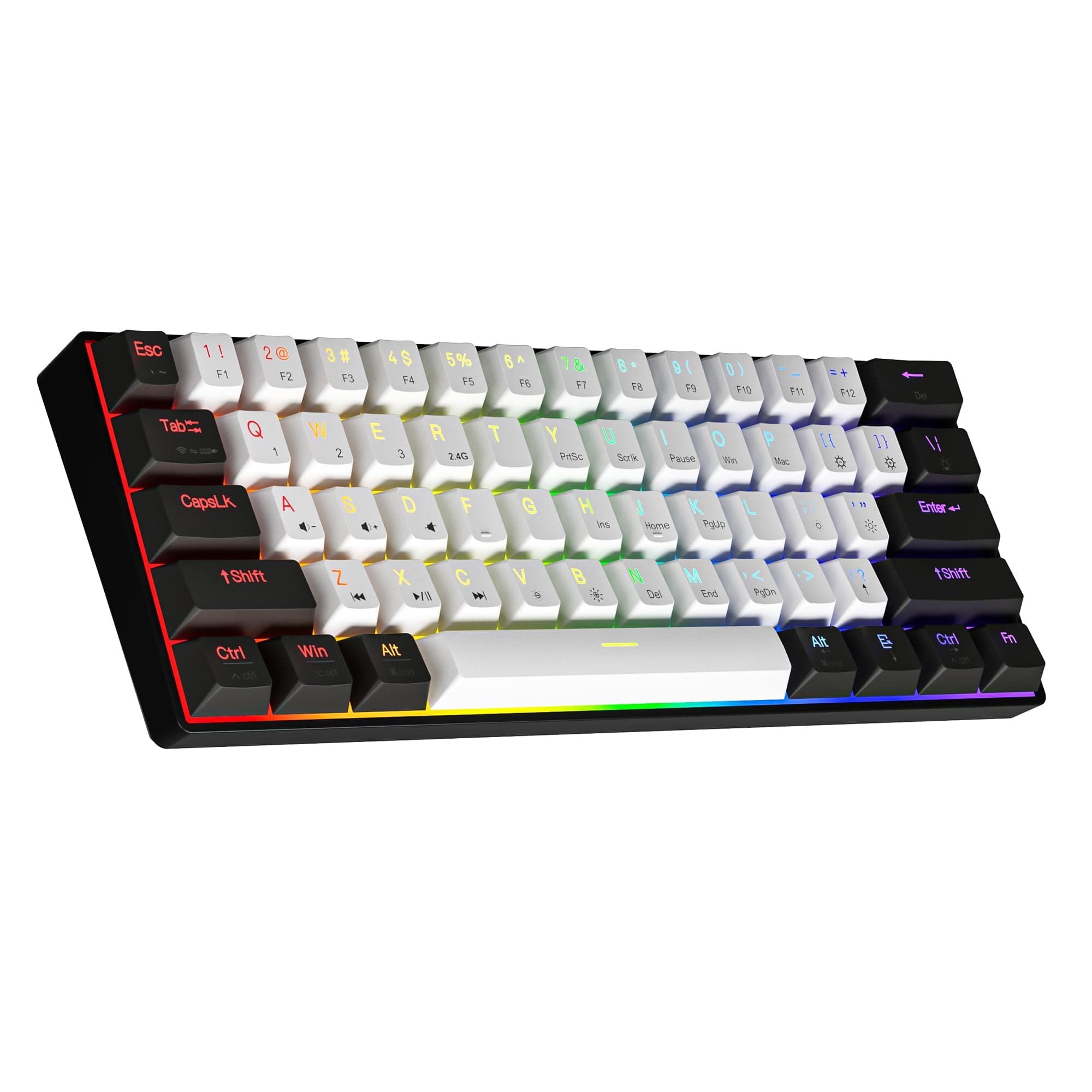 Newmen GM610 60% Wireless Mechanical Gaming Keyboard,Wired/Bluetooth/2.4G Keyboard,RGB Backlit,61 Anti-Ghosting Keys,Programmable,Hot-Swappable,for Windows Mac Android (Black-White/Red Switch)