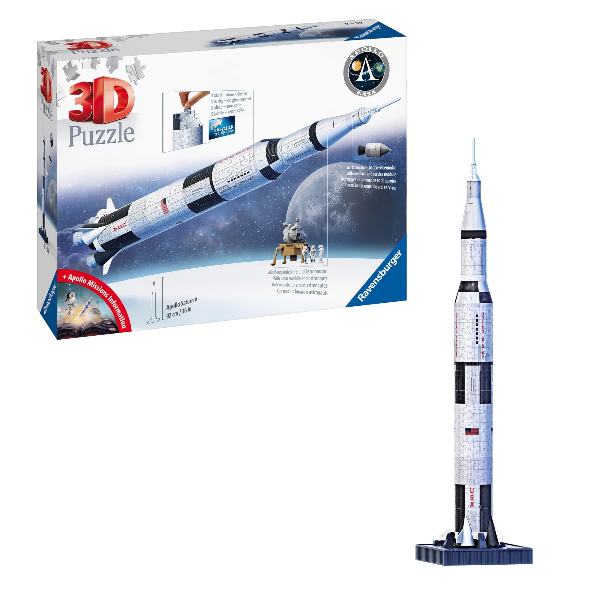 Apollo‑Saturn V‑Rocket Premium 3D Puzzle 440 Pieces | 1:120 Scale Model with Removable Stages, Lunar Module & Astronaut Figures – No Glue Needed, Display Base Included | 11545-7