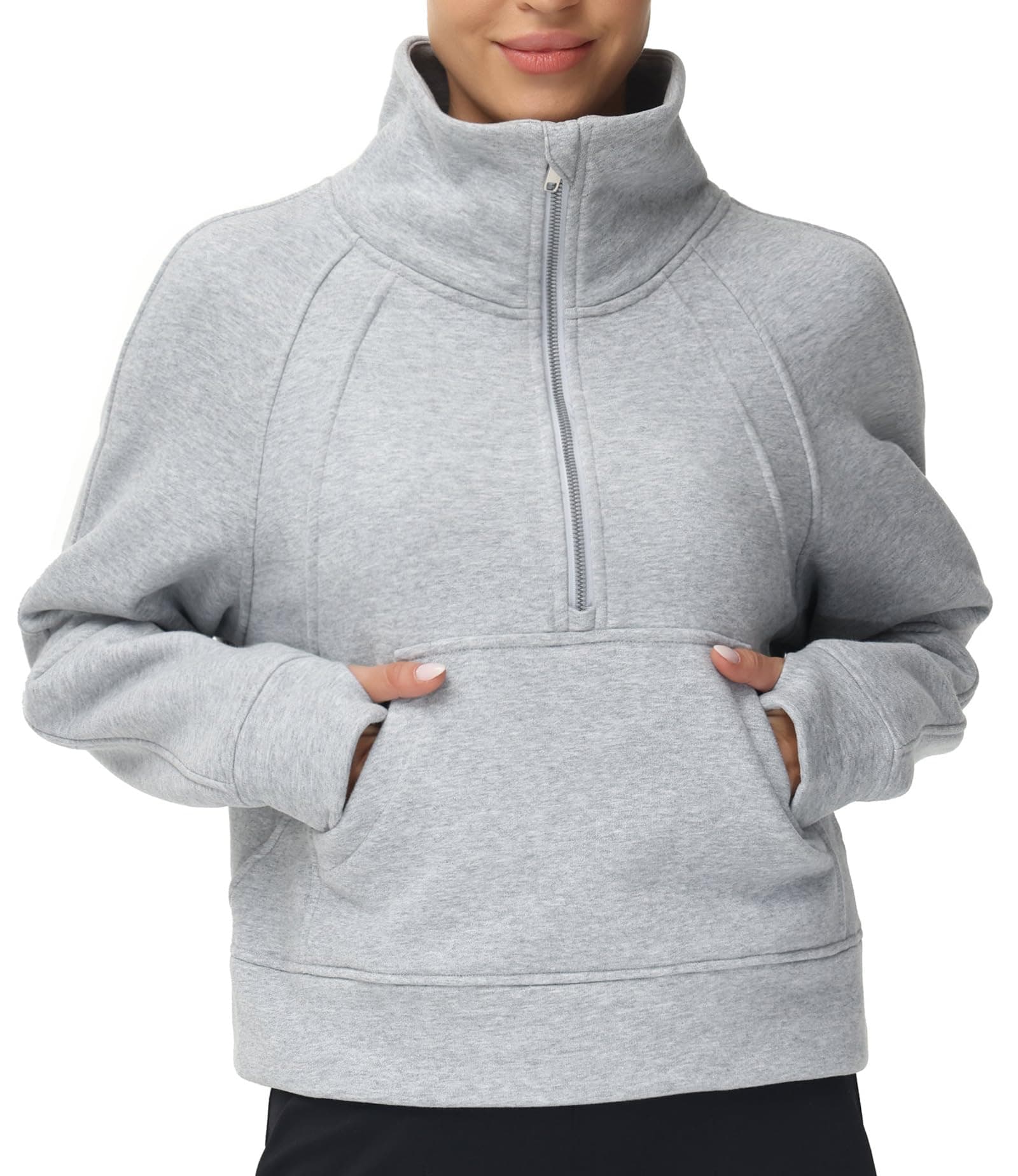 Womens' Half Zip Pullover Fleece Stand Collar Crop Sweatshirt with Pockets Thumb Hole