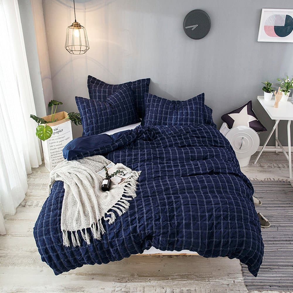 Merryfeel Cotton Duvet Cover Set,100% Cotton Yarn Dyed Seersucker Woven Check Duvet Cover Set - Full/Queen