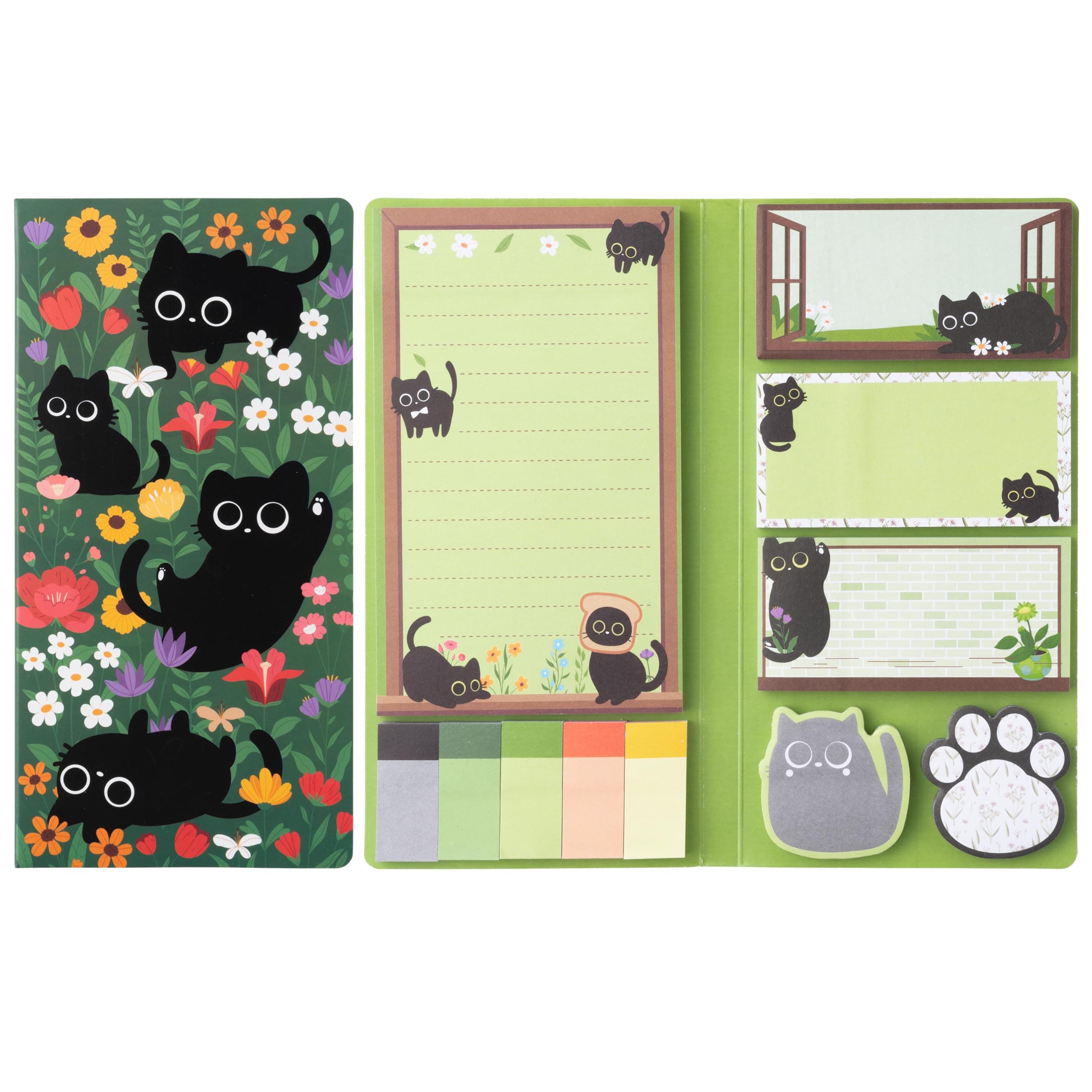 B1ykin Cute Sticky Notes Set - Wildflower Lovely Black Shaped Self-Stick Notes Pad, 550 Sheets Writing Memo Pages Sticky Notepad for Teacher Appreciation Gifts, School Office Supplies (Cat Floral)