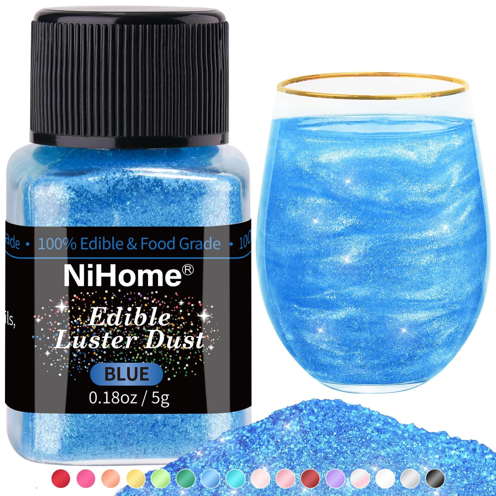 NiHome Edible Luster Dust Glitter Powder Metallic Fancy Food Decorating Sprinkle Glimmery Brew Dust for Drink Wine Beverage Cake Dessert Home Bakery Restaurant Vegan Allergen-Free (Blue, 5g/0.18oz)