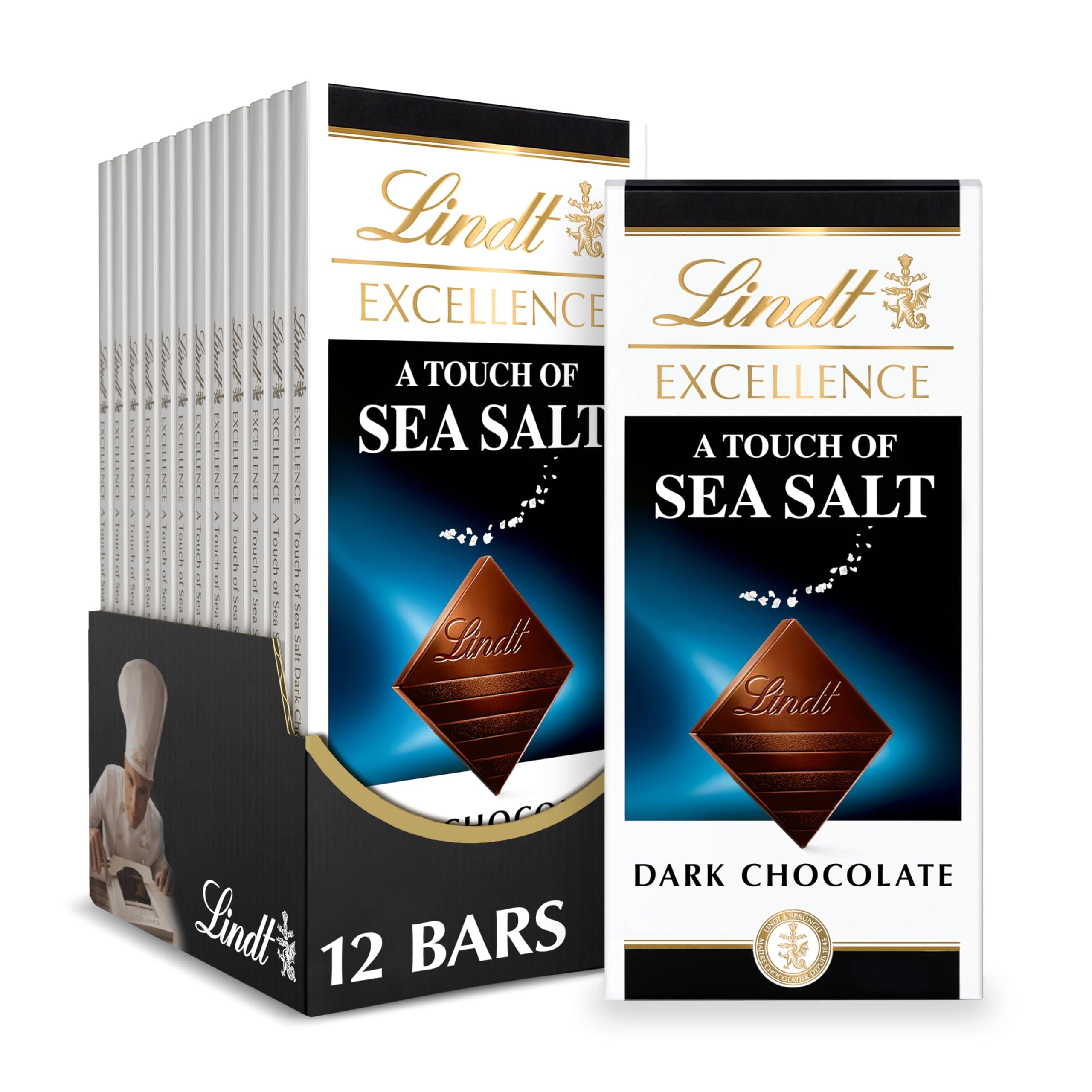 Lindt EXCELLENCE Sea Salt Dark Chocolate Bar, Dark Chocolate Candy with a Touch of Sea Salt, 3.5 oz. Bar (12 Pack)