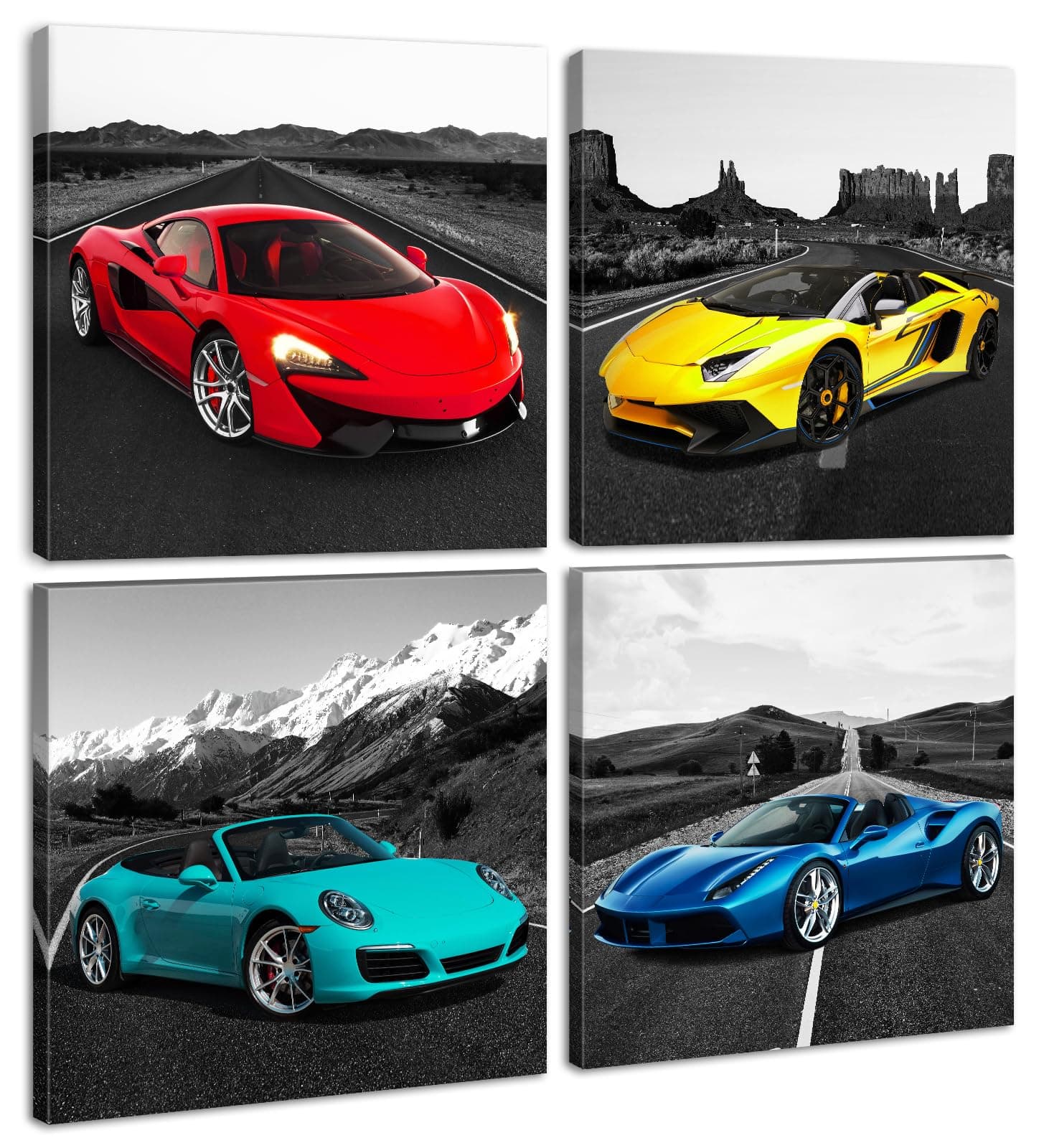 JiazuGo Car Pictures Posters Black and White Wall Decor Art for Teen Boys Room Mens Bedroom Office Canvas Framed Ready to Hang 12" W×12" H×4 PCS