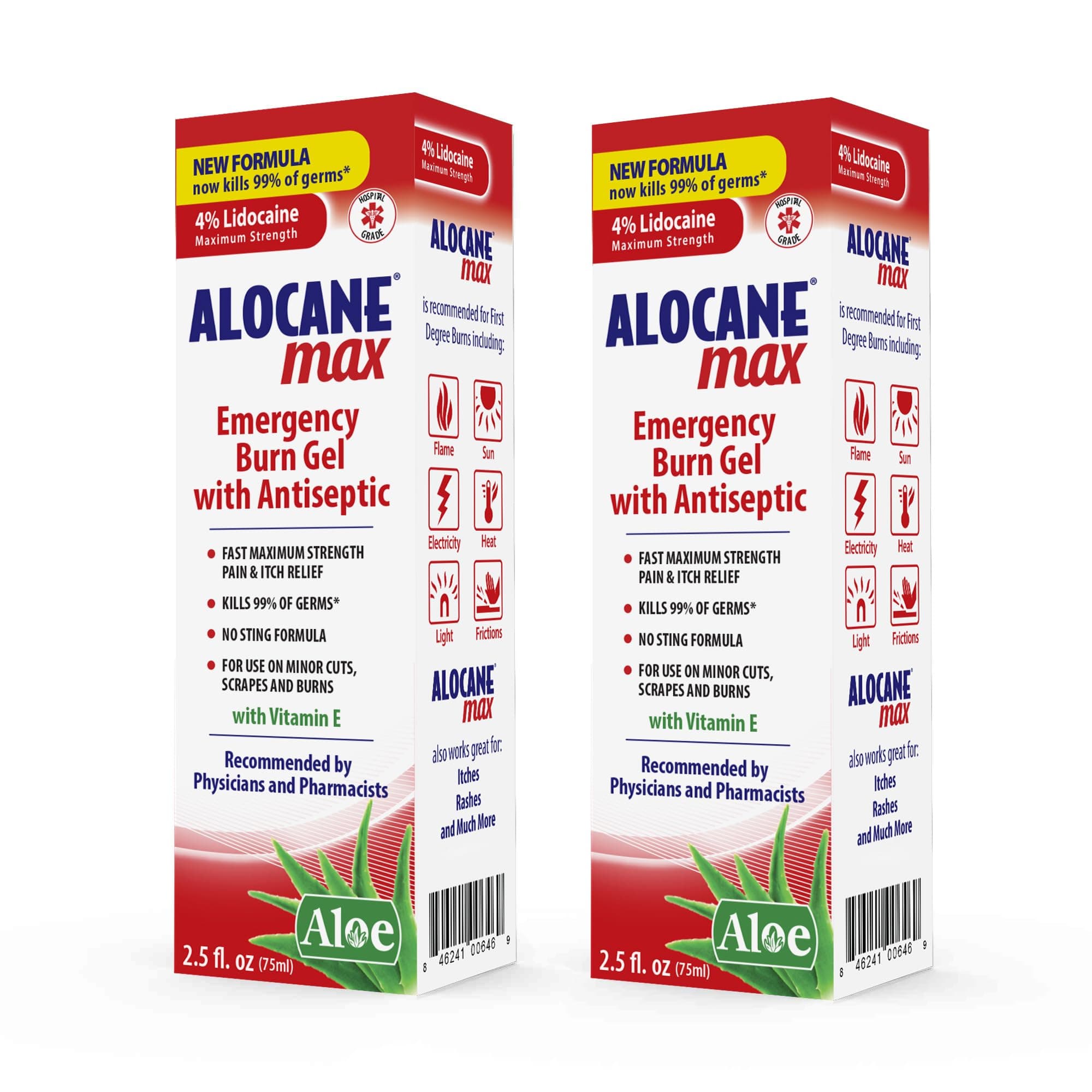 AlocaneEmergency Burn Gel Lidocaine Maximum Strength Fast Pain, Itch Relief for Minor Burns Sunburn Kitchen Radiation Chemical First Degree Burns First Aid Treatment Burn Care, 2.5 Fl Oz(Pack of 2)