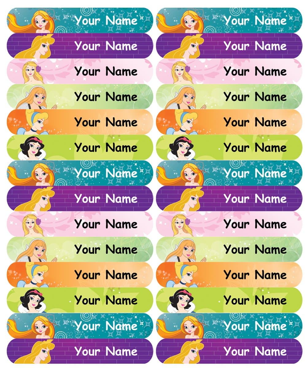48 Personalised, Waterproof Skinny Stick on Name Labels for kids (50x7mm) - Princess Design - Ideal for School items - Label rulers, toothbrush, fork, spoon, pens etc. NOT for Clothes.