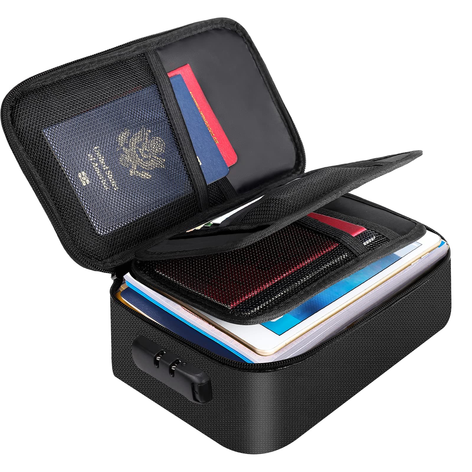 ENGPOW Small Fireproof Storage Organizer Case with Lock(9”x 5.3”x 3.7”), 3-Layer Soft Money Safe Coin Organizer Wallet Bag for Cash,Card,Passport,Check,Bill,Travel Home Organizer Carrying Case,Black