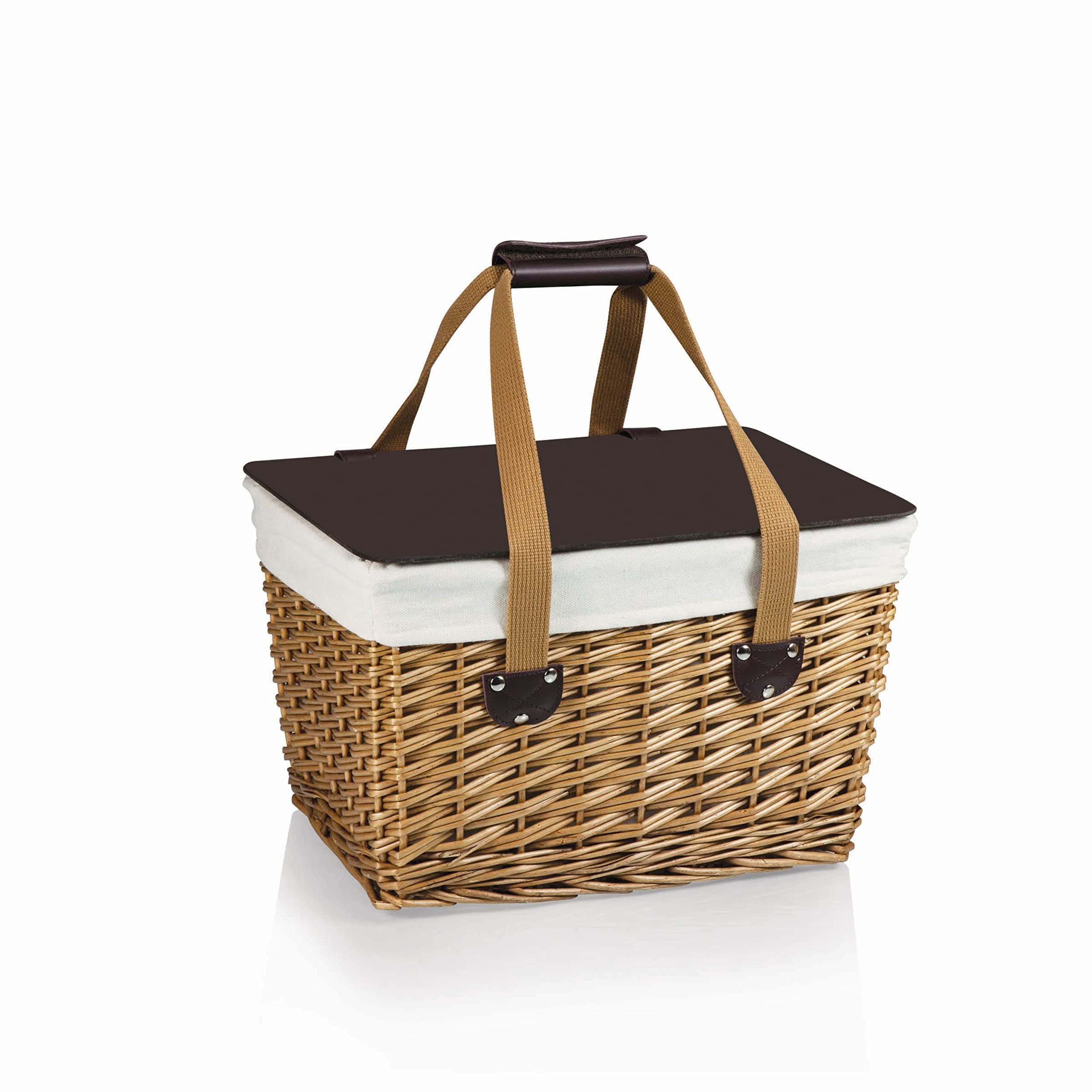 Canasta Wicker Picnic Basket, Classic Small Wicker Basket for 2 with Handwoven Willow Design, Removable and Customizable Lid Table, (Beige Canvas with Brown Lid)