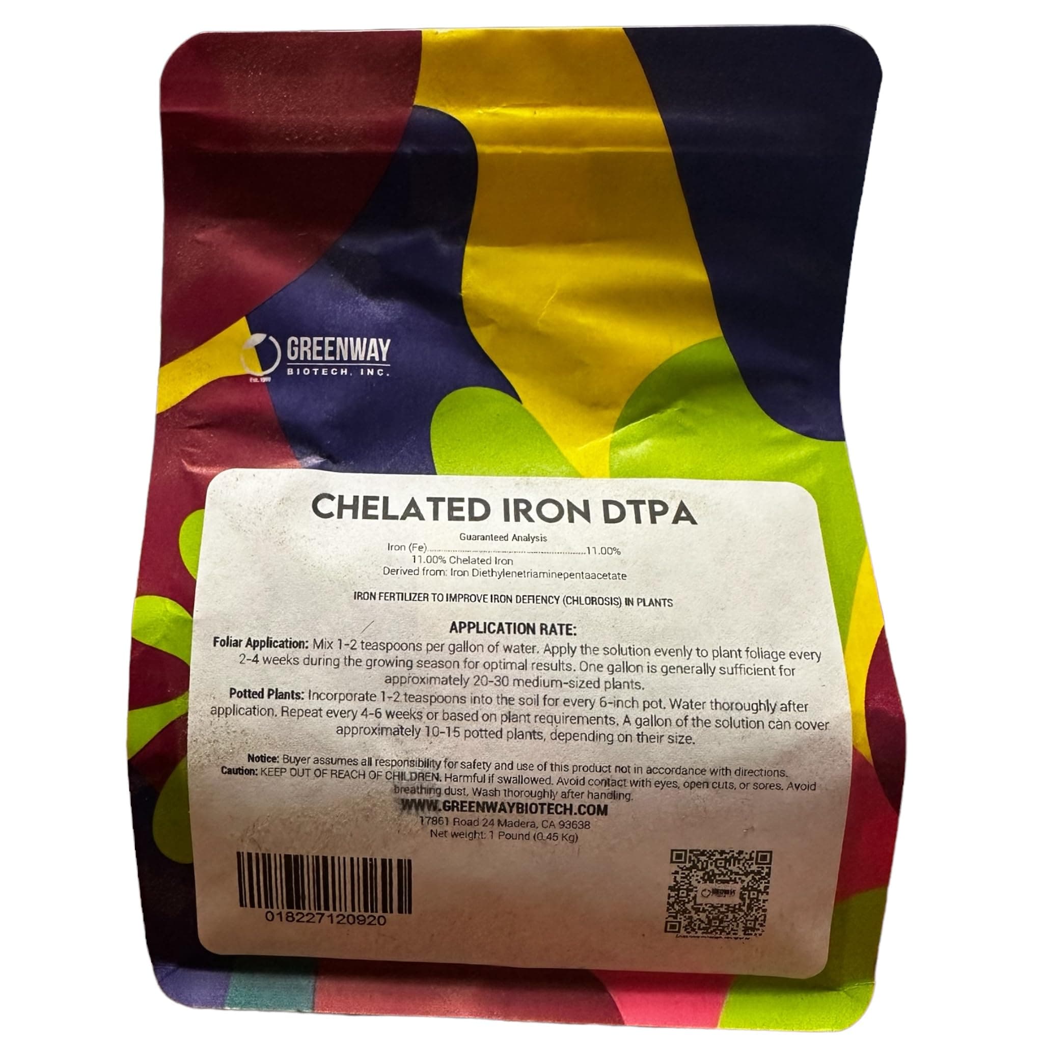 Chelated Iron DTPA 11% - for Alkaline Soils (pH 4.0-7.5) - 100% Water Soluble Fertilizer for Citrus, Lawns & Hydroponics - Corrects Iron Chlorosis - Made in USA - 1 Pound