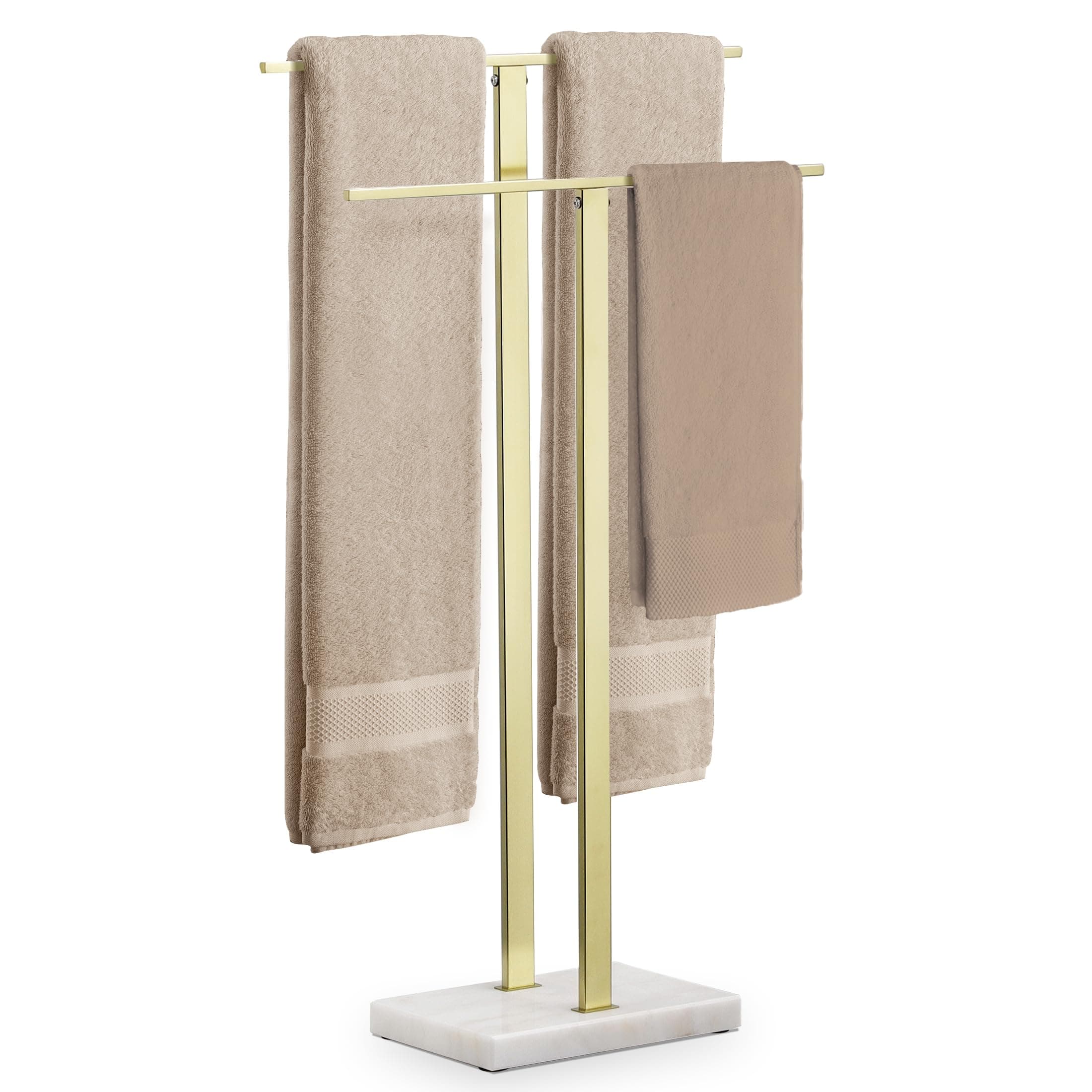 Standing Towel Rack with Marble Base, 2-Tier Towel Stand for Bathroom Floor, Upgrade Steady Design, T-Shaped Towel Drying Rack Gold, SUS304 Stainless Steel, Brushed Gold Finish, BTH217-BZ