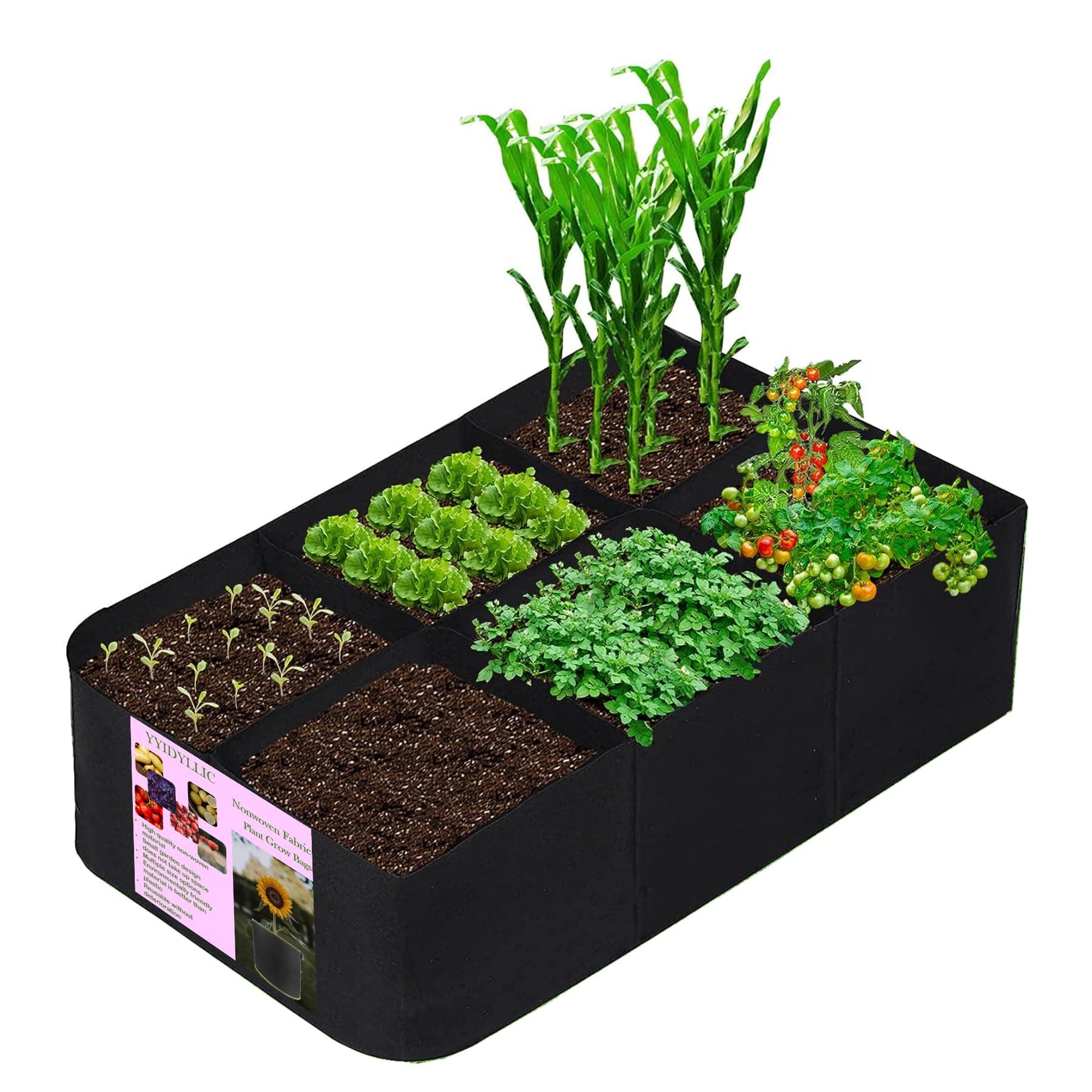 AE005-6 Rectangle Plant Grow Bag, One 57-Gallon Fabric Raised Garden Bed with Six Compartments, Agriculture bags for Vegetables Fruits Plants Flowers.
