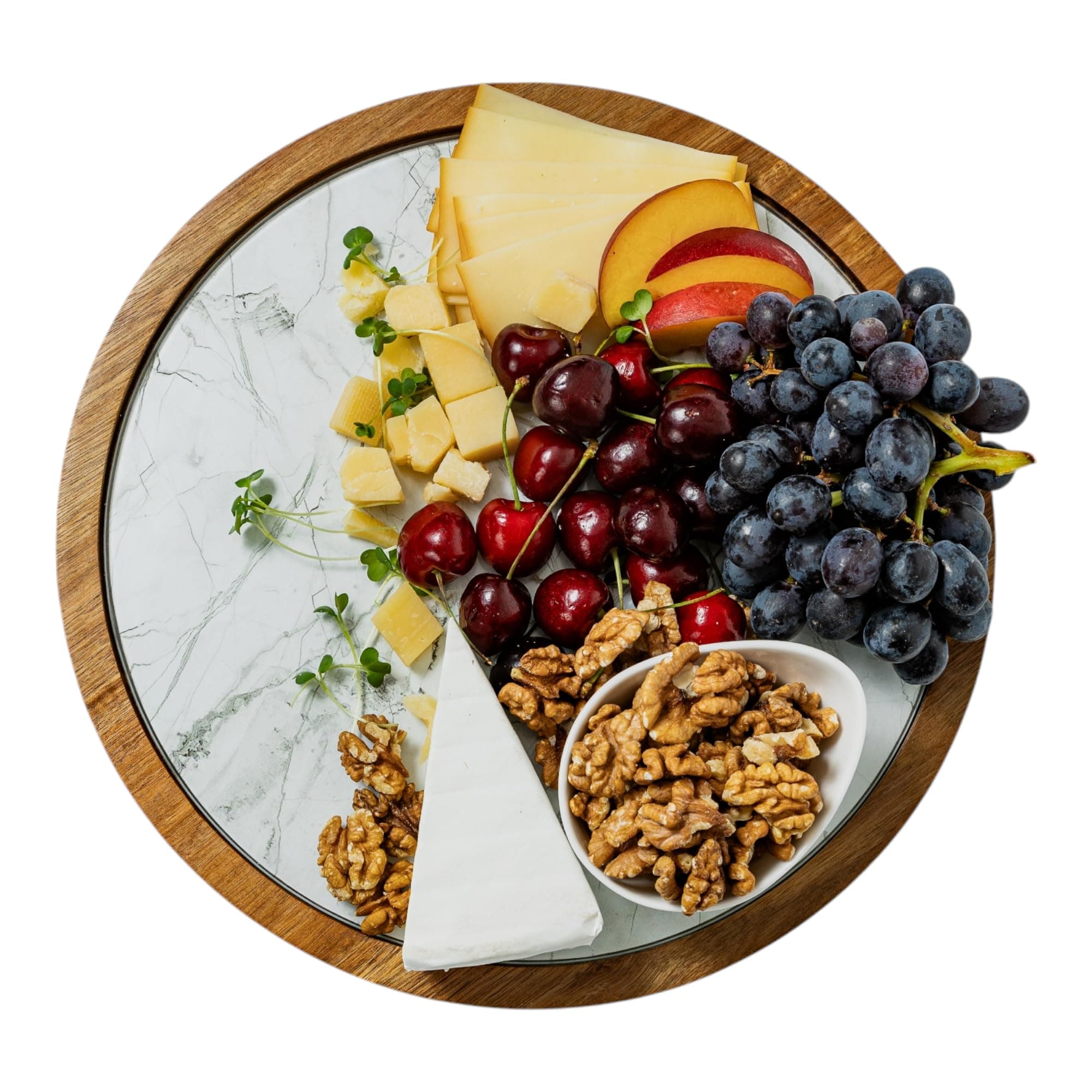 Rickby, 12" Premium Acacia Wood Lazy Susan Turntable for Table Top with Removable Marble Texture Glass Plate, Wooden Lazy Susan for Dining Table Centerpiece & Kitchen Countertop