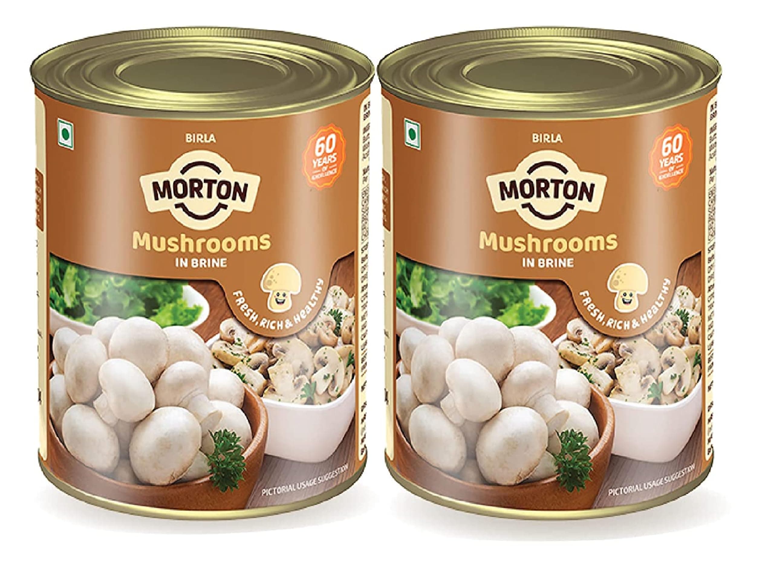 Morton Mushrooms in Brine | Rich in Protein & Fibers | Gluten Free, Non GMO | No Added Preservatives & Colours | Fresh Mushrooms - 800gm (Pack of 2)