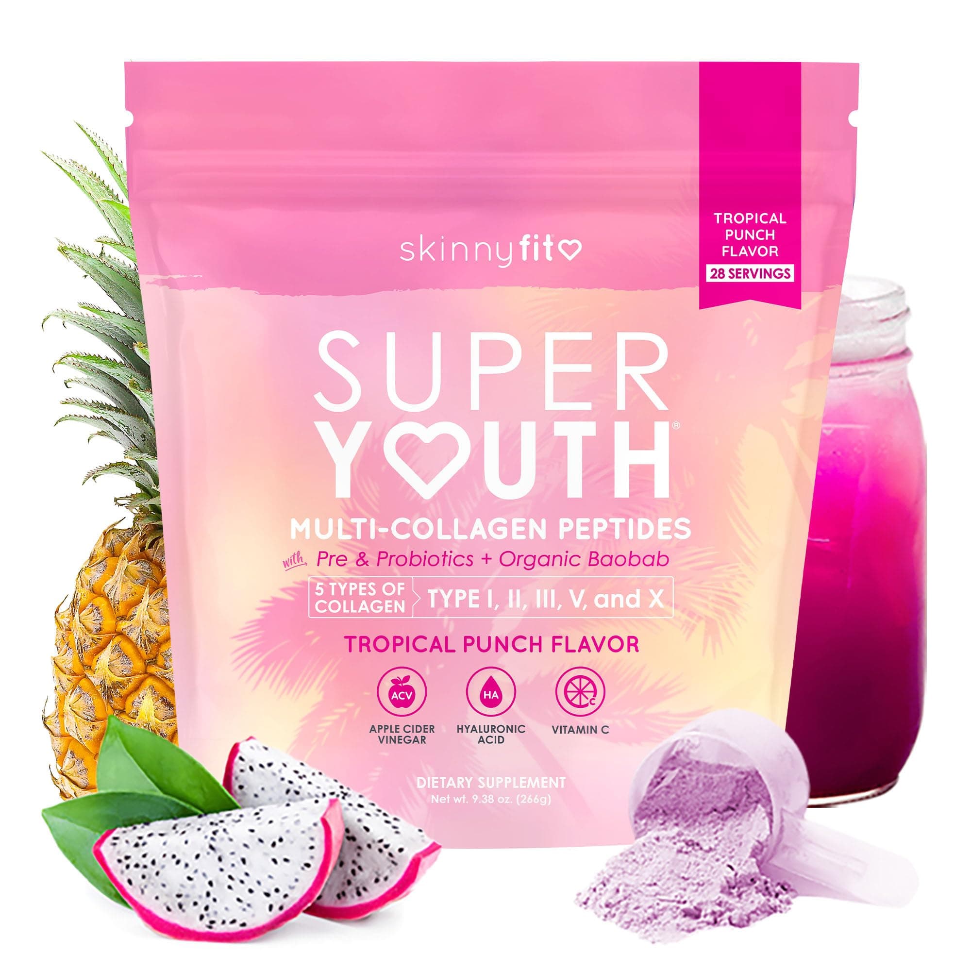 Super Youth Collagen for Women - Multi Collagen Peptides Powder - Probiotics, Fiber, Hyaluronic Acid - Non GMO, Gluten Free, Sugar Free - Beauty & Self Care - Tropical Punch (28 Servings)