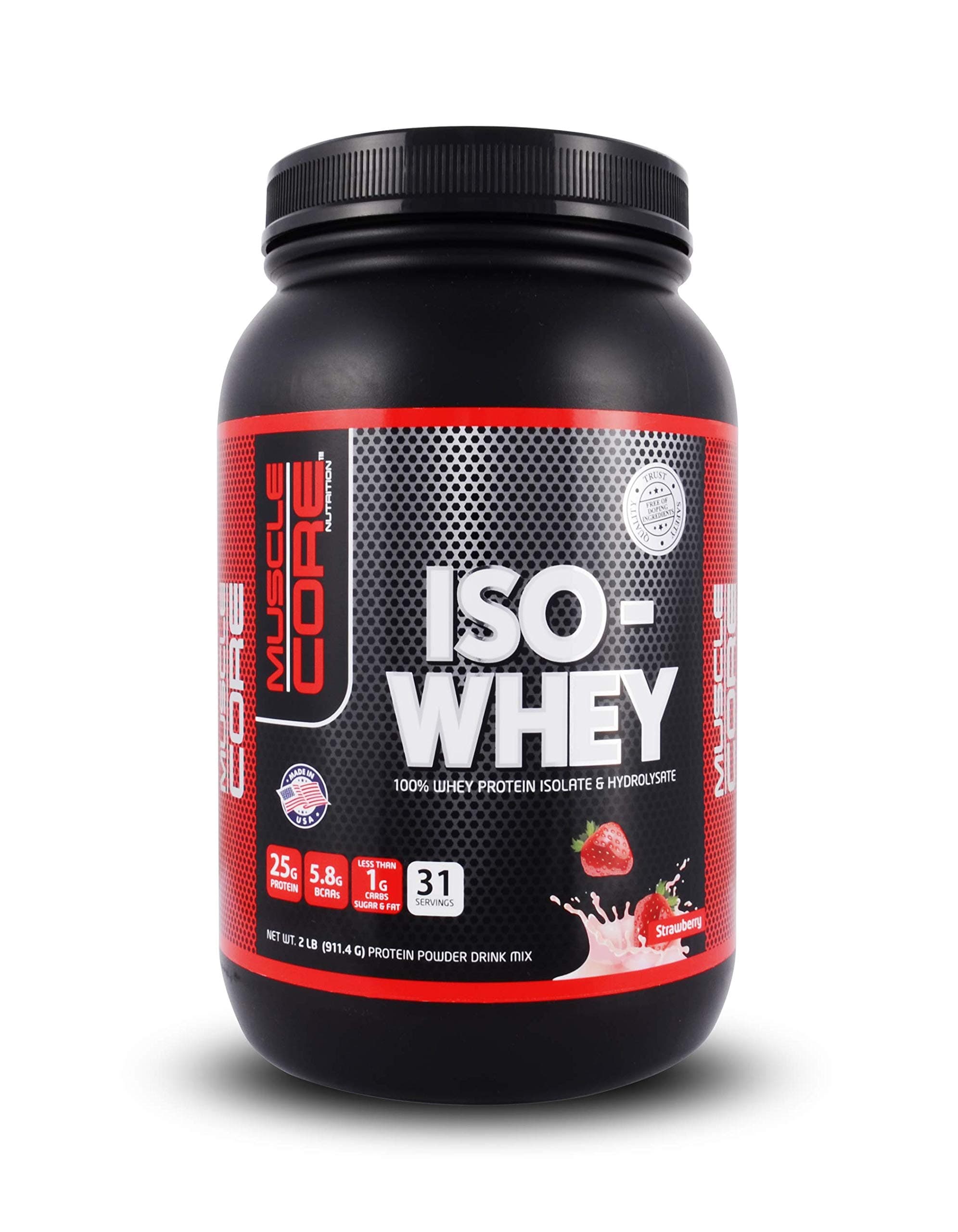 Iso-Whey Strawberry, 2Lbs (911.4g) | 25g Protein, 5.8g BCAAs, Less Than 1g Carbs | Fast-Acting Whey Protein Isolate & Hydrolysate Blend | Gluten-Free
