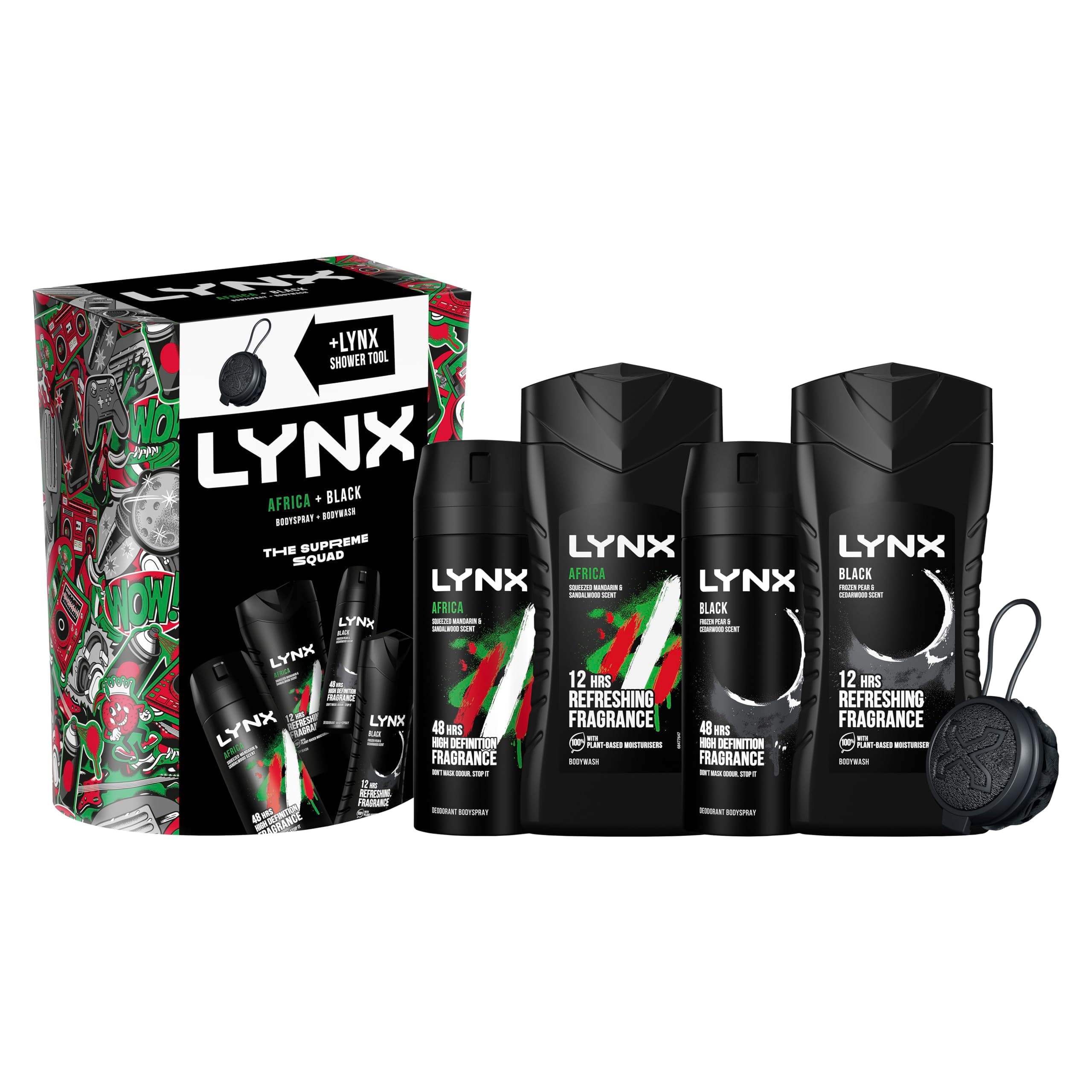 Africa & Black The Supreme Squad 4 piece Gift Set with Shower Tool, 2x Body Wash & 2x Body Spray Deodorant