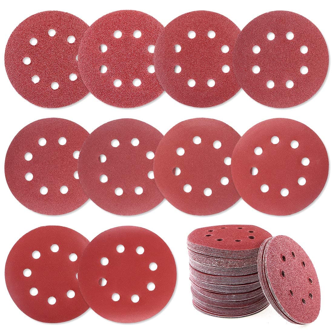 Glarks 100Pcs 5 Inch 8 Hole Dustless Hook and Loop Sandpaper Sanding Discs - Aluminum Oxide Grit 40-800, Reddish Brown, For Random Orbit Sander