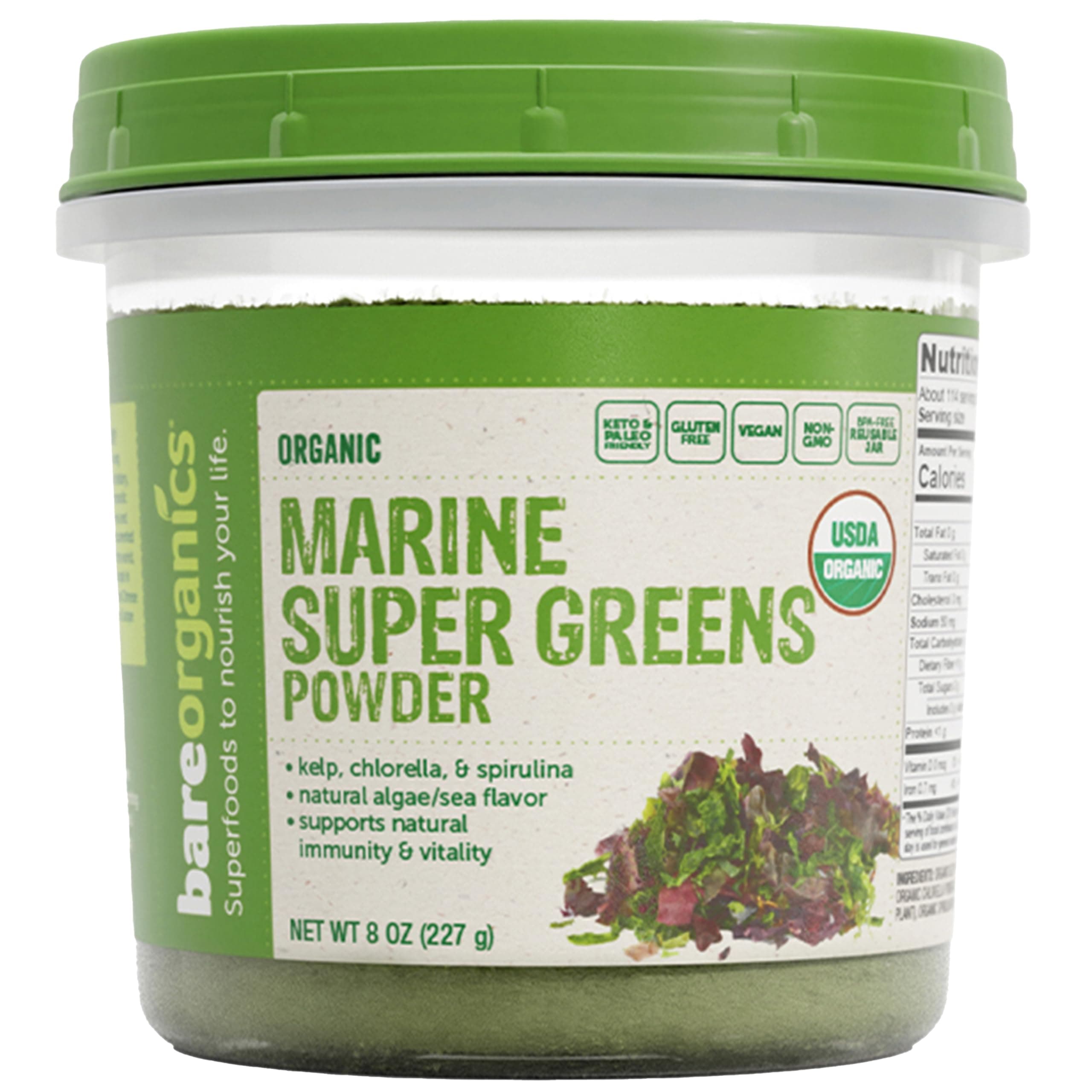 Marine Super Greens Powder – USDA Organic, Vegan, Gluten-Free, Non-GMO, BPA-Free, Superfood Powder with Organic Kelp, Spirulina & Chlorella - 8 oz