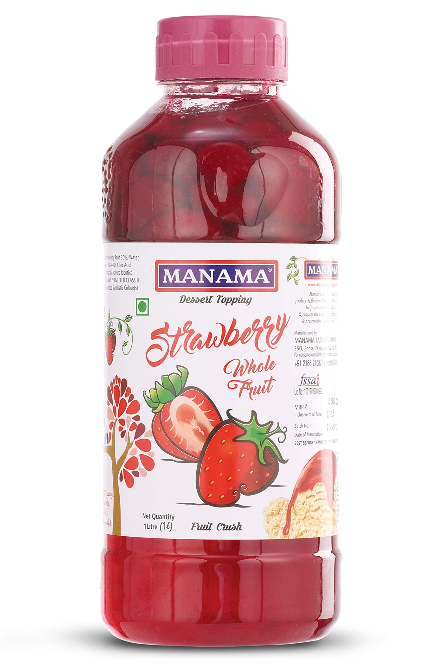 Strawberry Crush, Whole Crush, (1Litre) Fruit Crush use as Dessert Topping For Cakes, Ice Creams and Making Thick Shakes