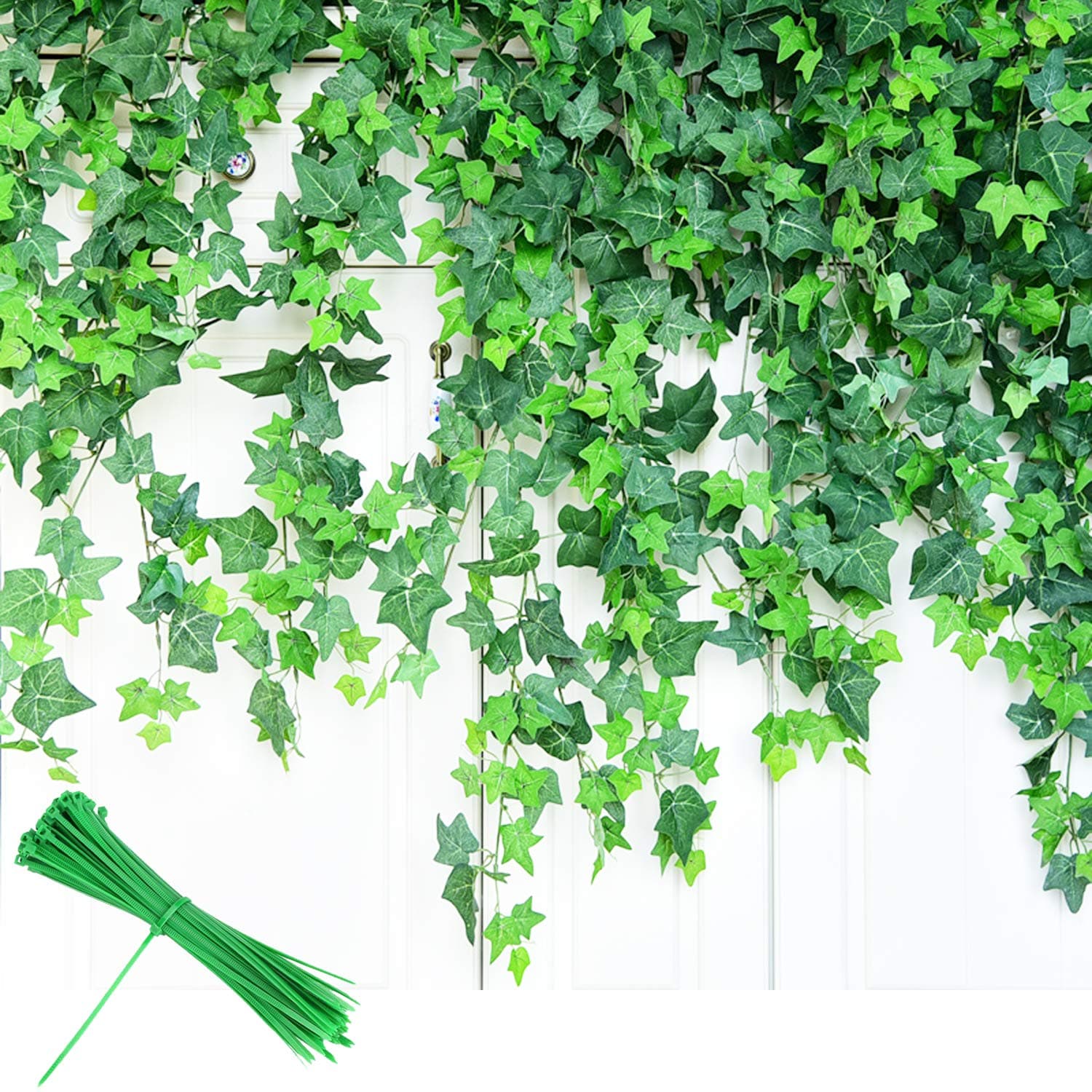Artificial Ivy, 12 Pack Fake Ivy Plant Vine Leaf Leaves Greenery Garlands Hanging (Each 80 inch) for Wedding Party Garden Wall Decoration with Cable Ties (12)